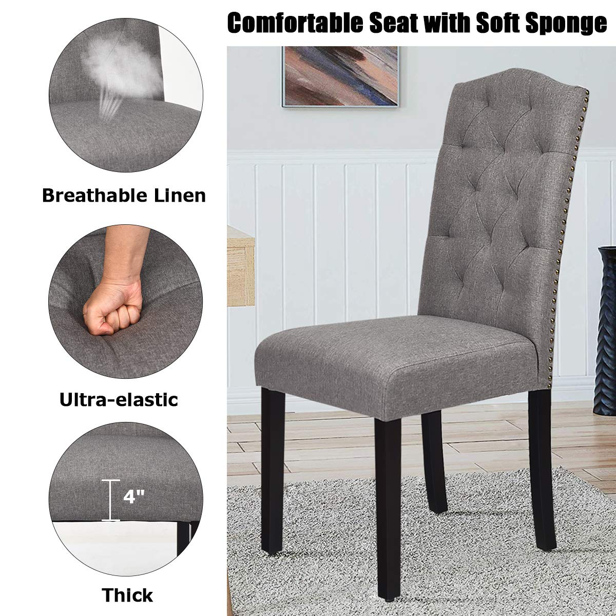 KOMFOTT Set of 2/4 Tufted Fabric Dining Chairs with Padded Seat and Tall Backrest