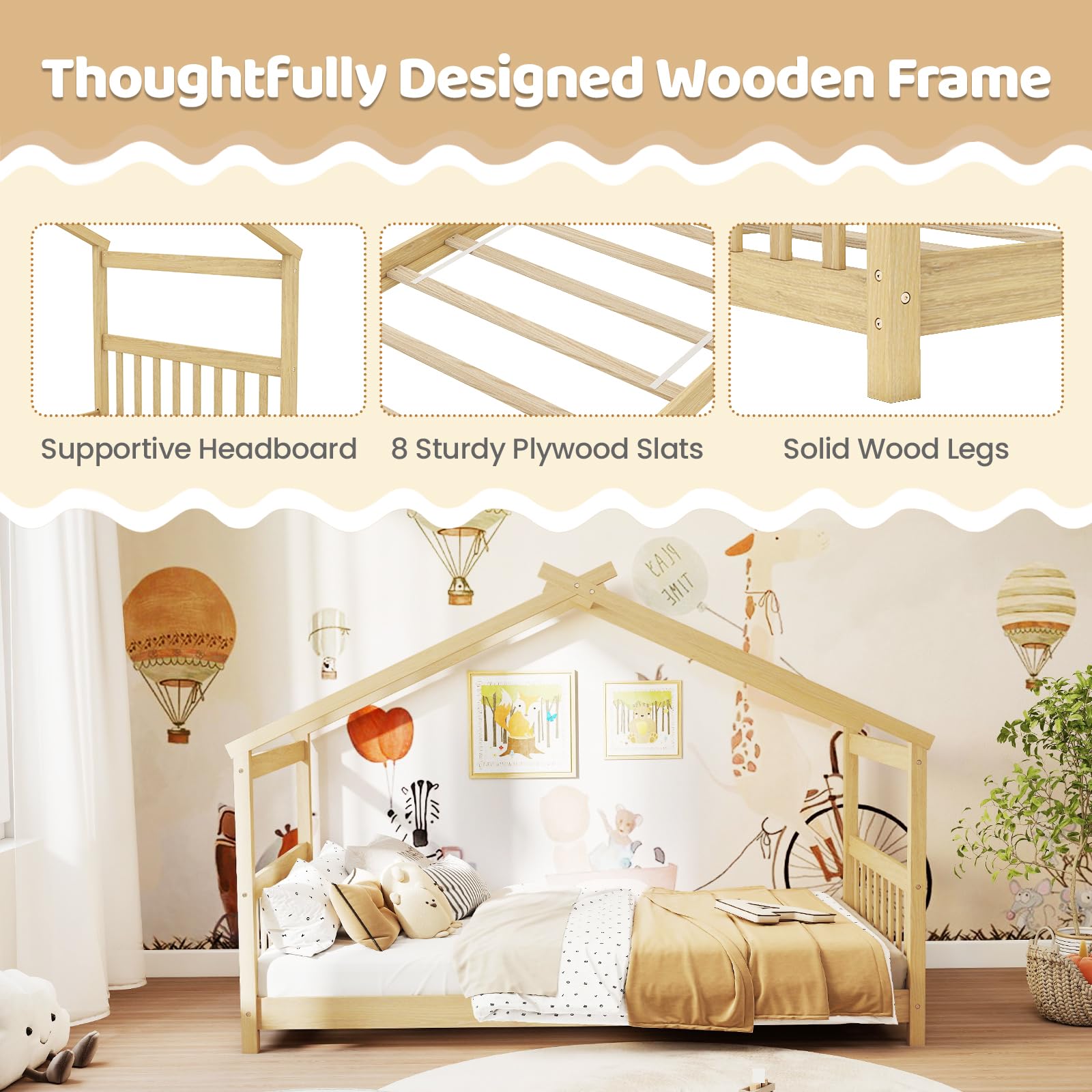 KOMFOTT Twin/Full Size Floor House Bed with Headboard & Footboard