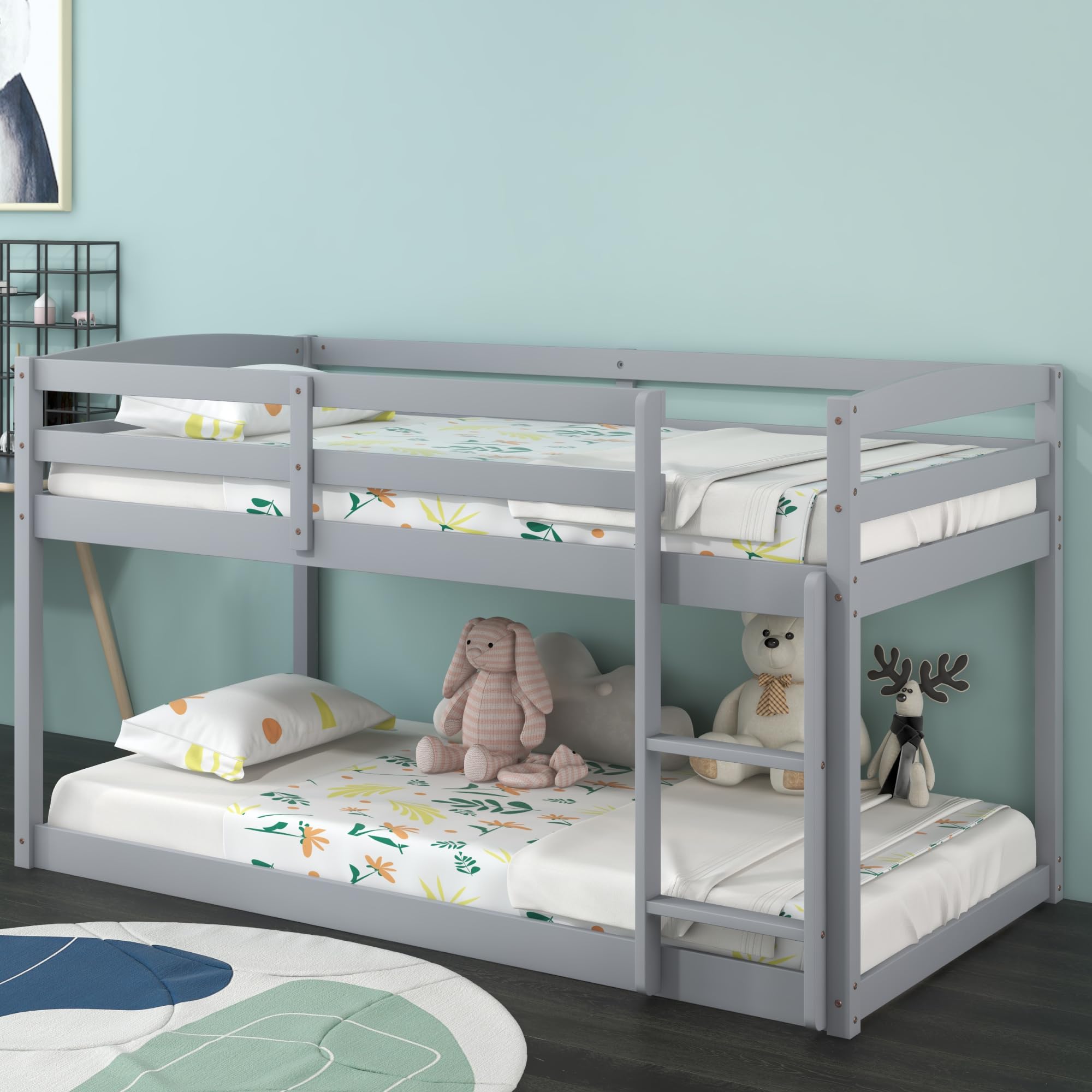 KOMFOTT Twin Over Twin Solid Wood Low Bunk Bed with Full Guardrails & Integrated Ladder