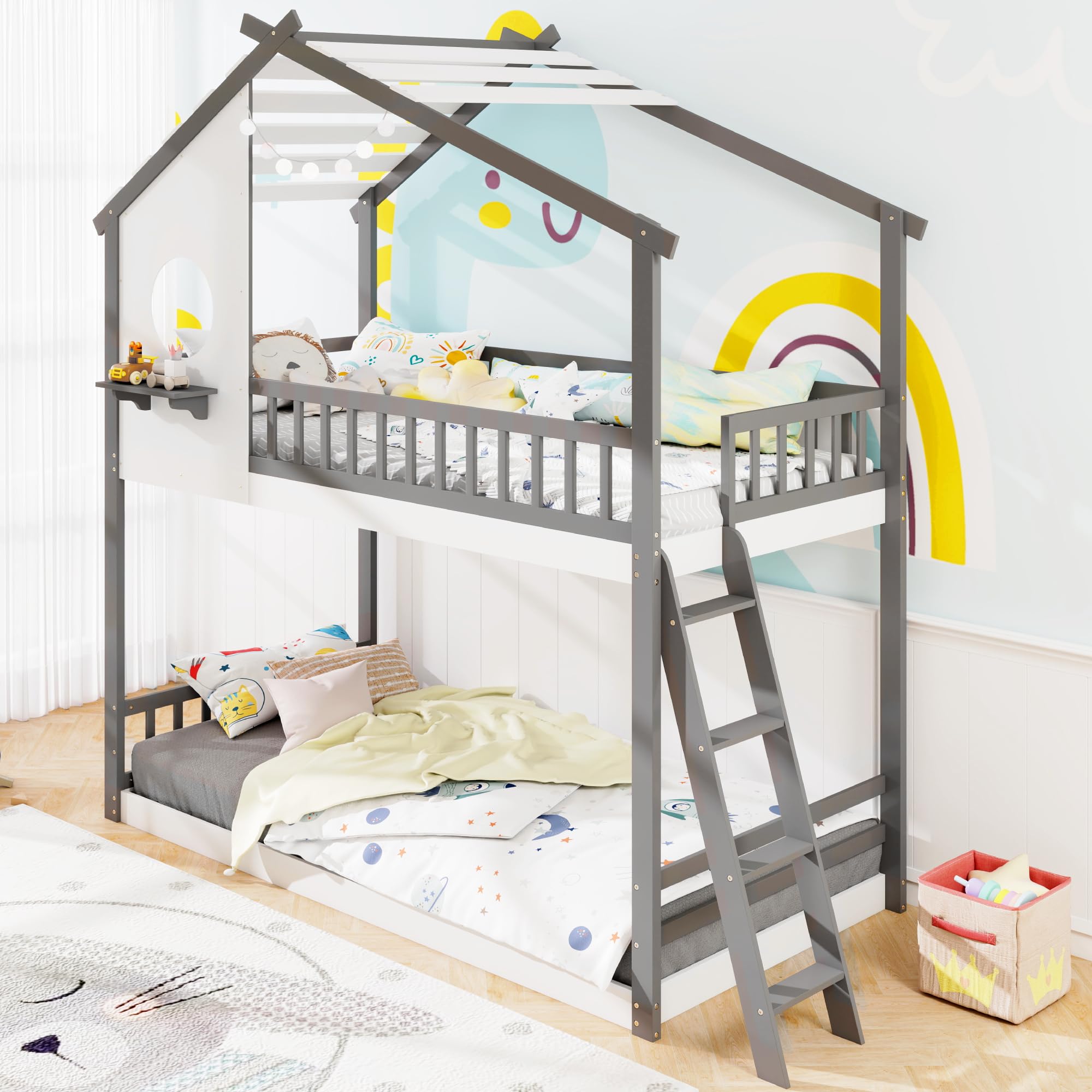 KOMFOTT Wood Twin Over Twin House Bunk Bed