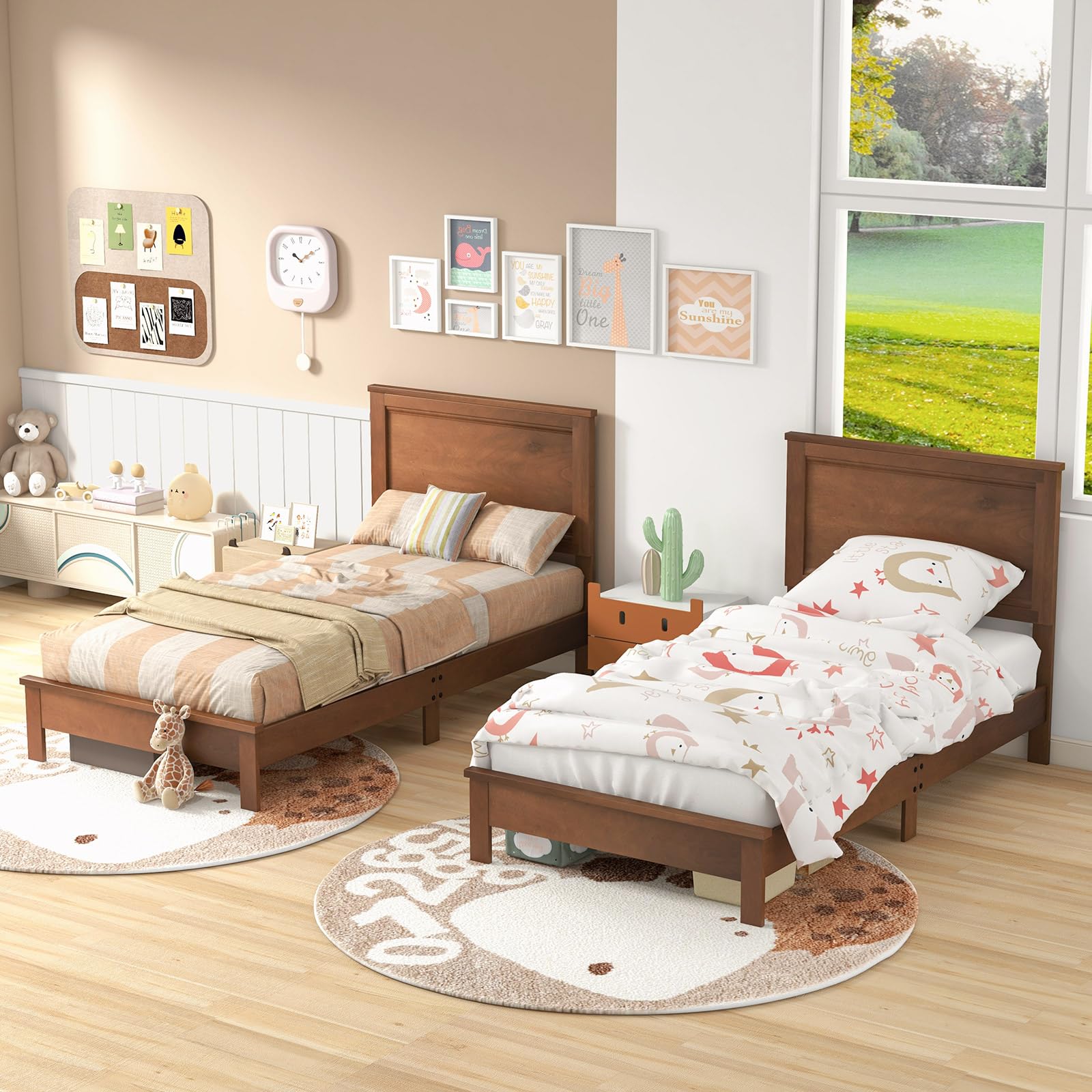KOMFOTT Wood Platform Bed Frame with Headboard, Mid Century Platform Bed Frame with Solid Wood Legs & Wooden Slat Support