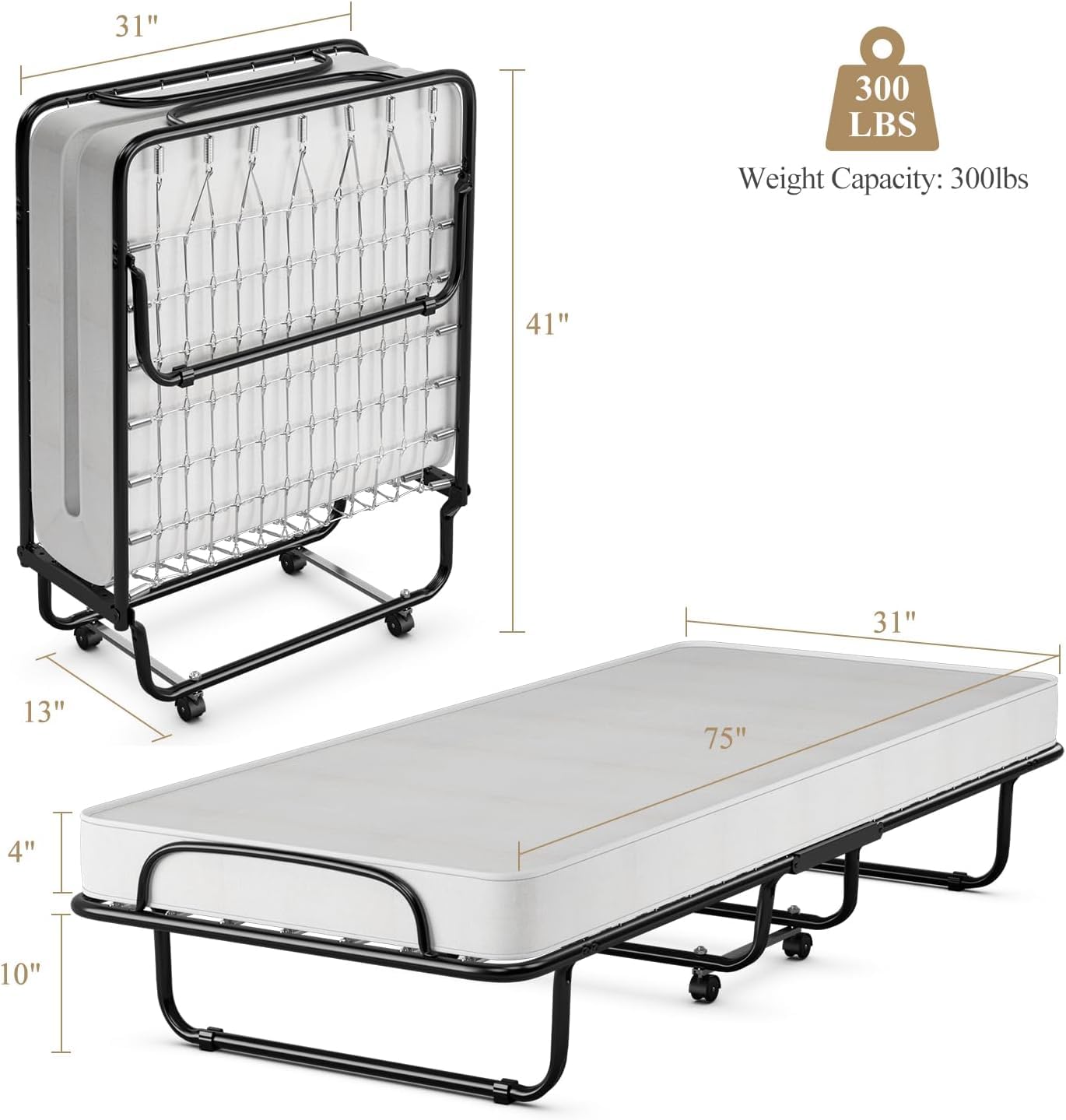 KOMFOTT Rollaway Folding Bed with 4 Inch Mattress