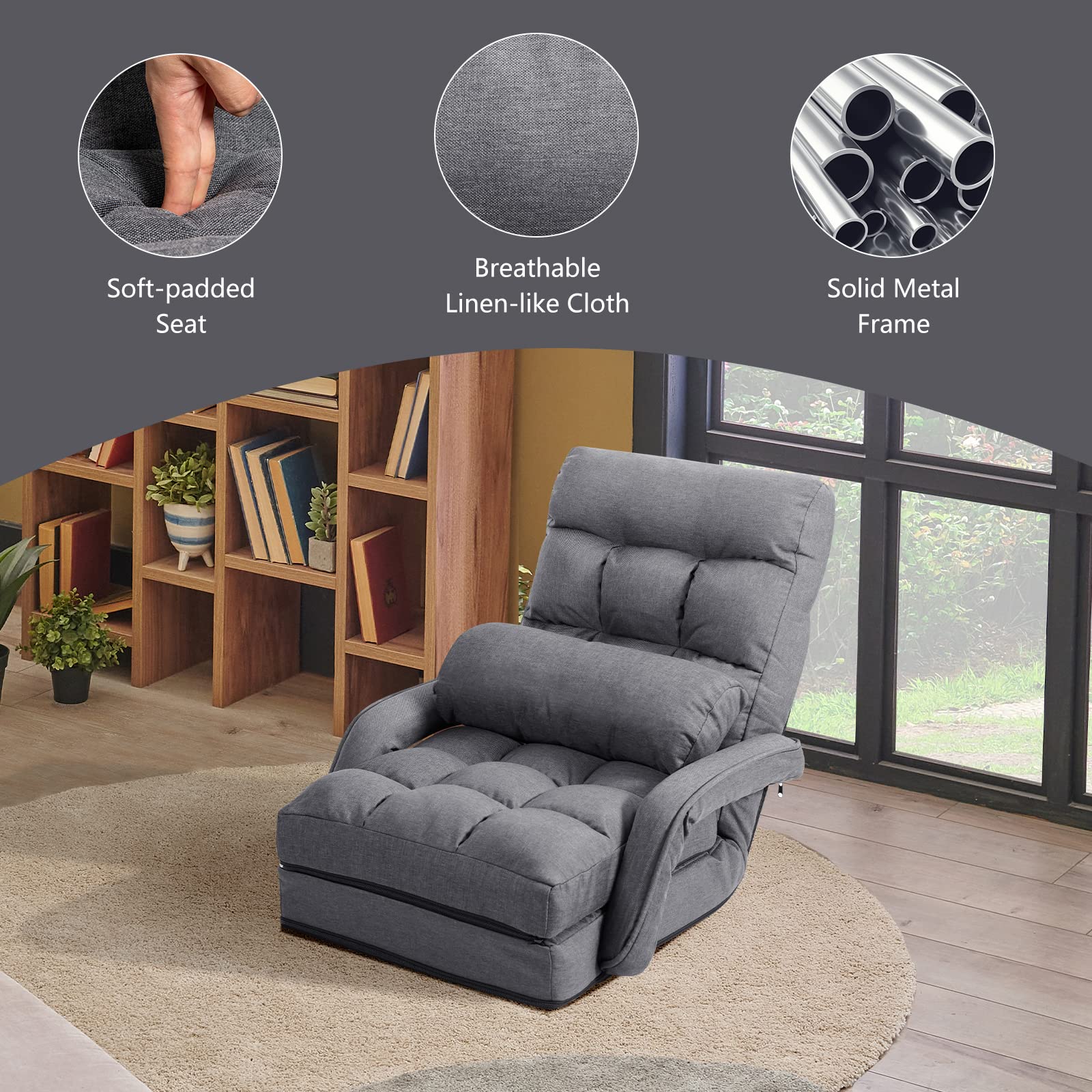 KOMFOTT Adjustable Floor Chair, Folding Lazy Sofa Chair with 5 Positions, Detachable Seat Cushion