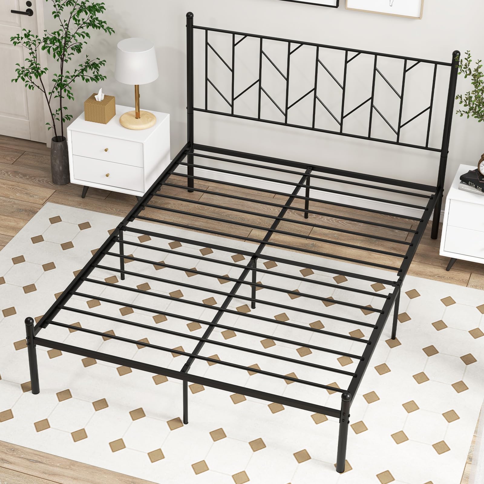 KOMFOTT Metal Bed Frame with Victorian Style Headboard, 14 Metal Slats Support