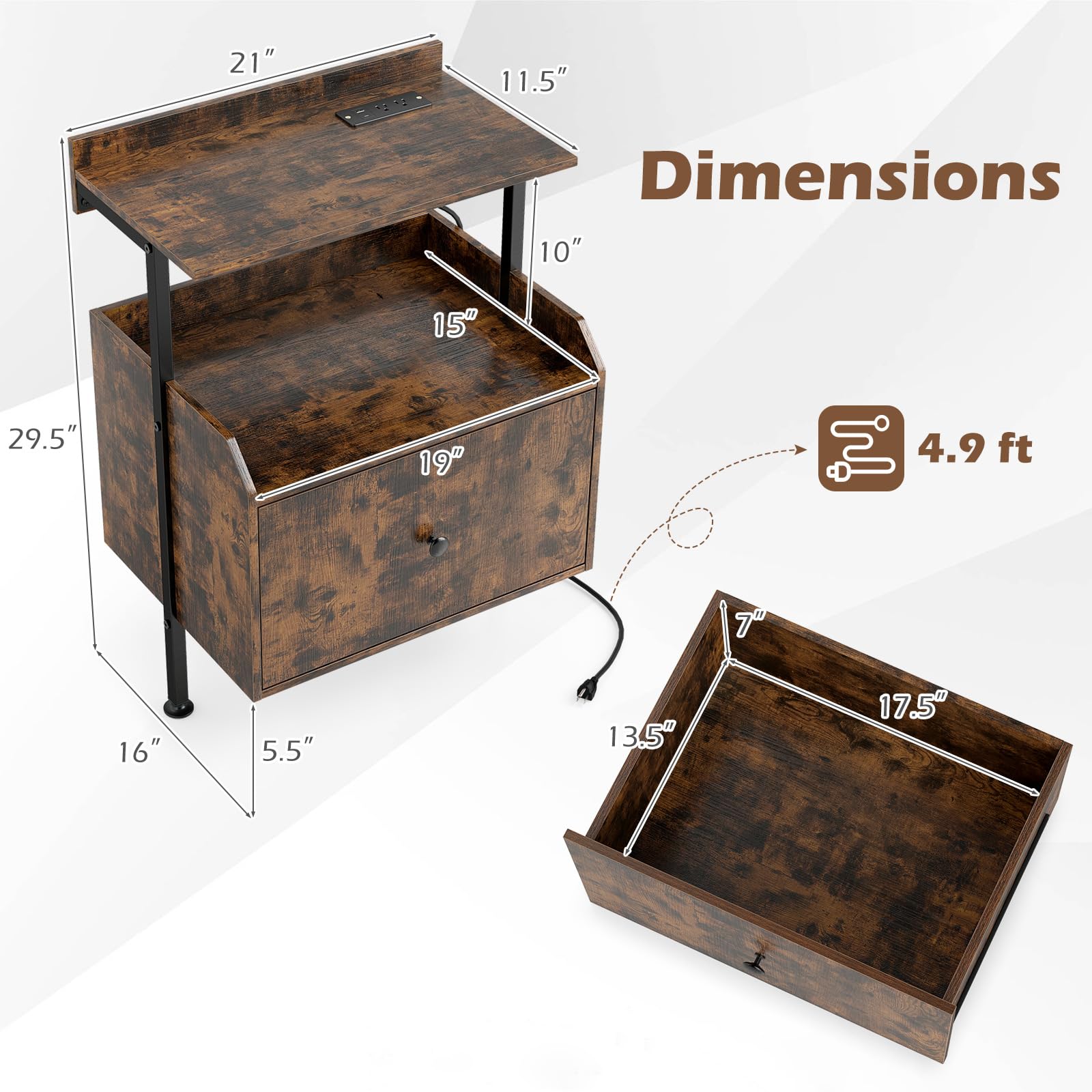 KOMFOTT Nightstand with LED Lights & Charging Station (21" x 16" x 29.5")