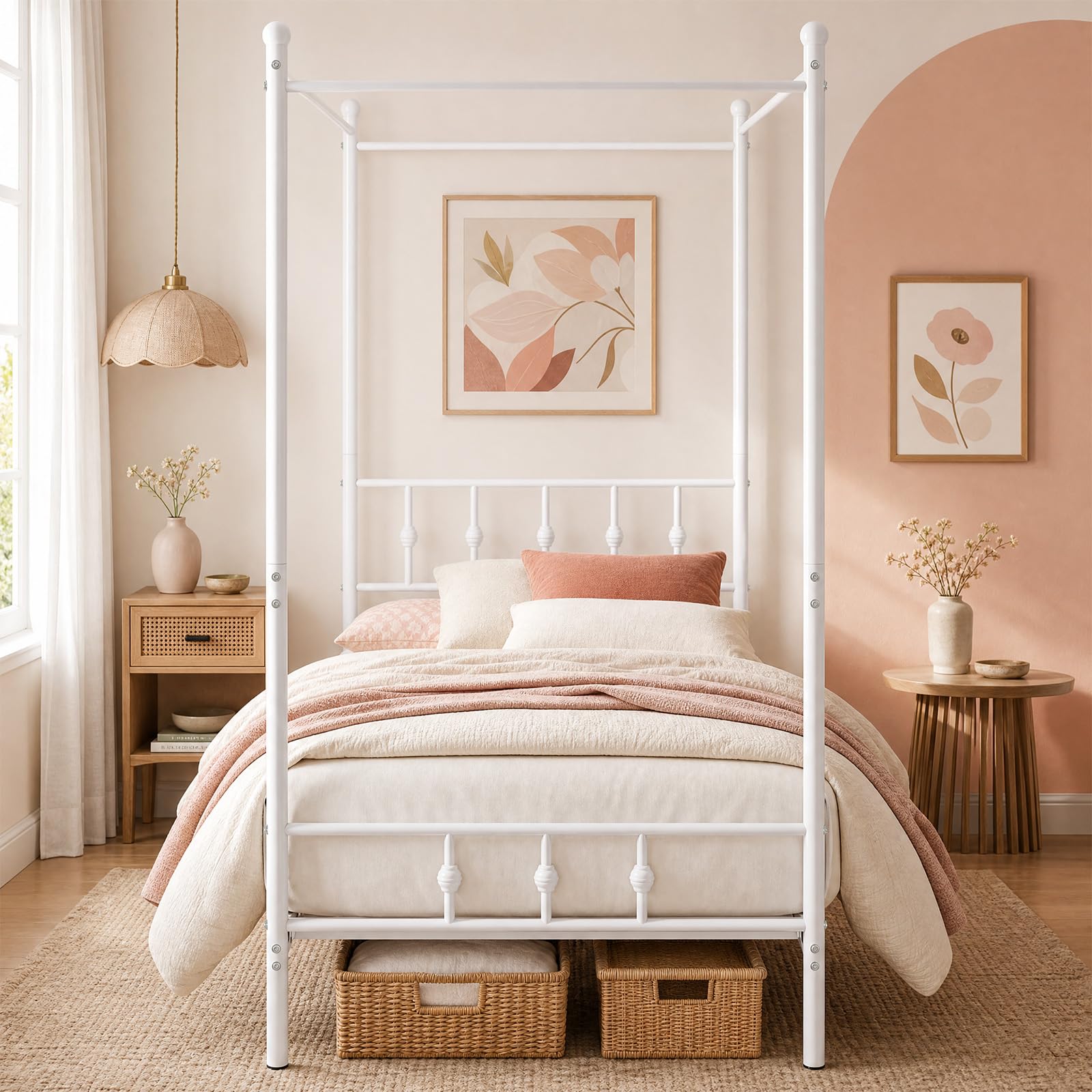 KOMFOTT Twin Canopy Bed Frame with Headboard and Footboard