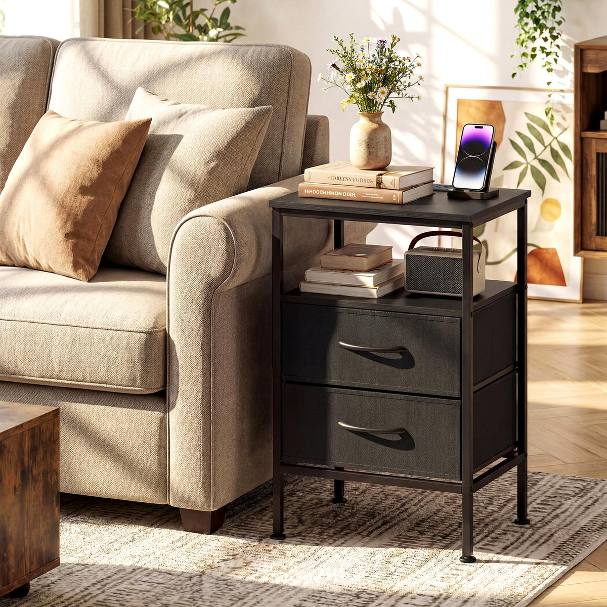 KOMFOTT 1/2 Nightstands with Charging Station 24.5" Modern Bedside Table(2 Drawers)