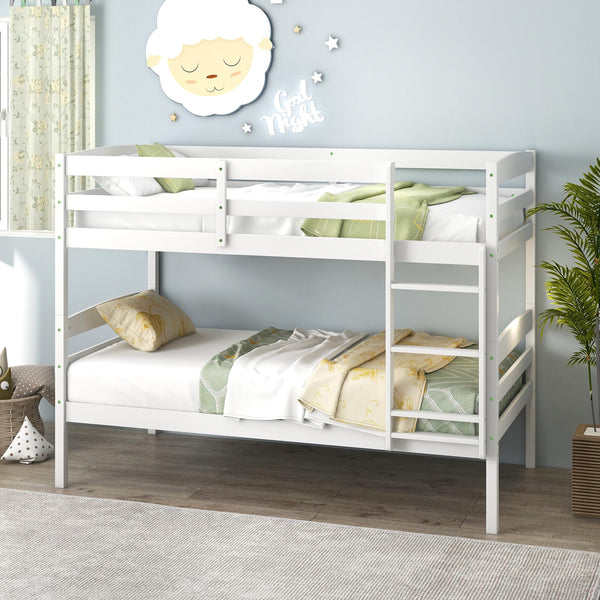 KOMFOTT Twin Over Twin Bunk Bed, Wood Bunk Bed with Full-Length Guardrail & Integrated Ladder