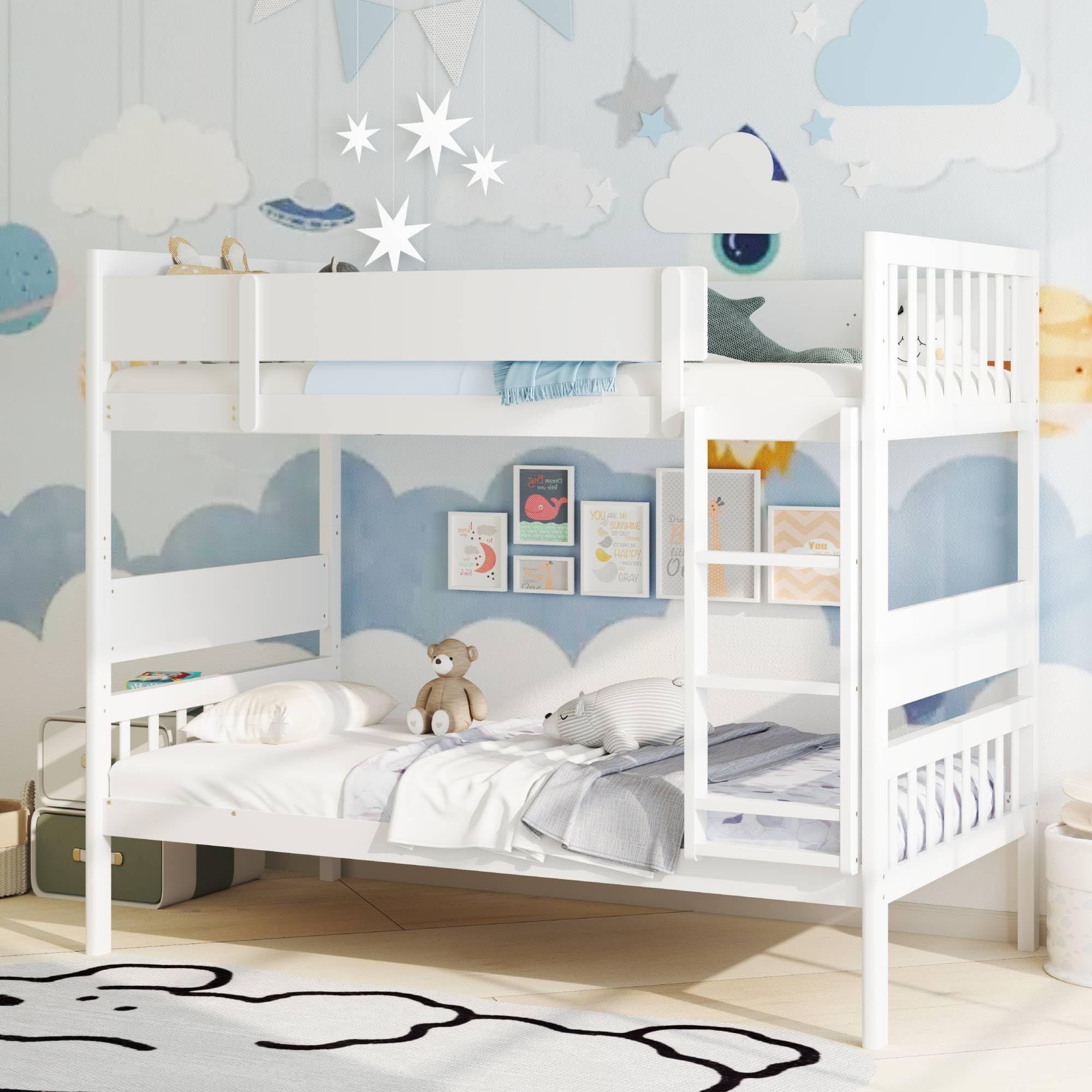 KOMFOTT Wood Twin Over Twin Bunk Bed Convertible Bed Frame