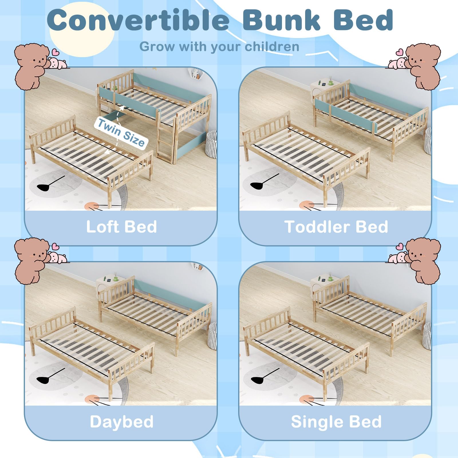KOMFOTT Convertible Wood Twin Over Twin Bunk Bed