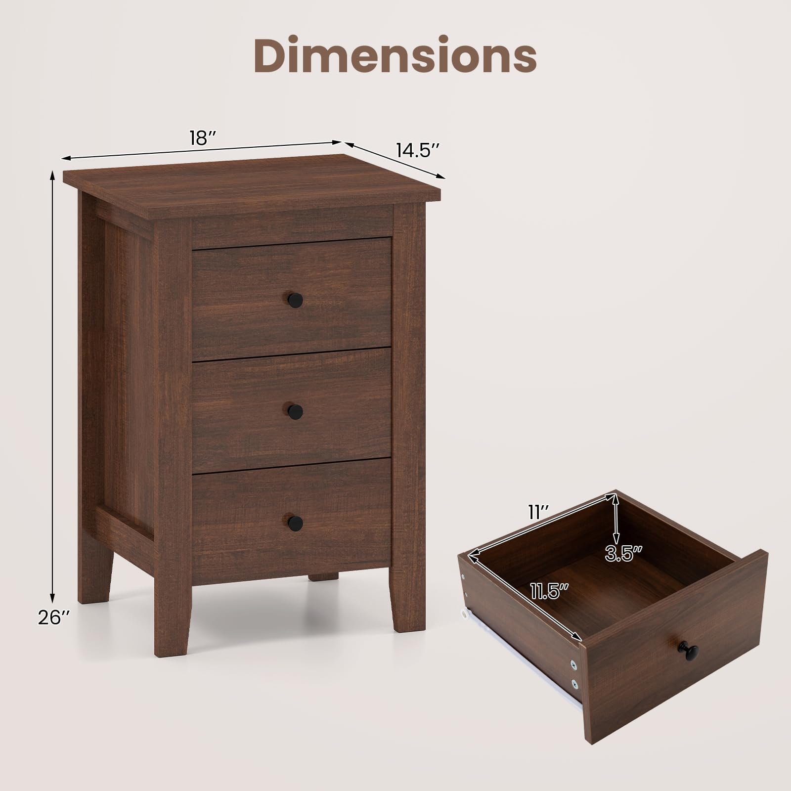 KOMFOTT 3 Drawers Nightstand Set of 1/2（18" x 14.5" x 26"）