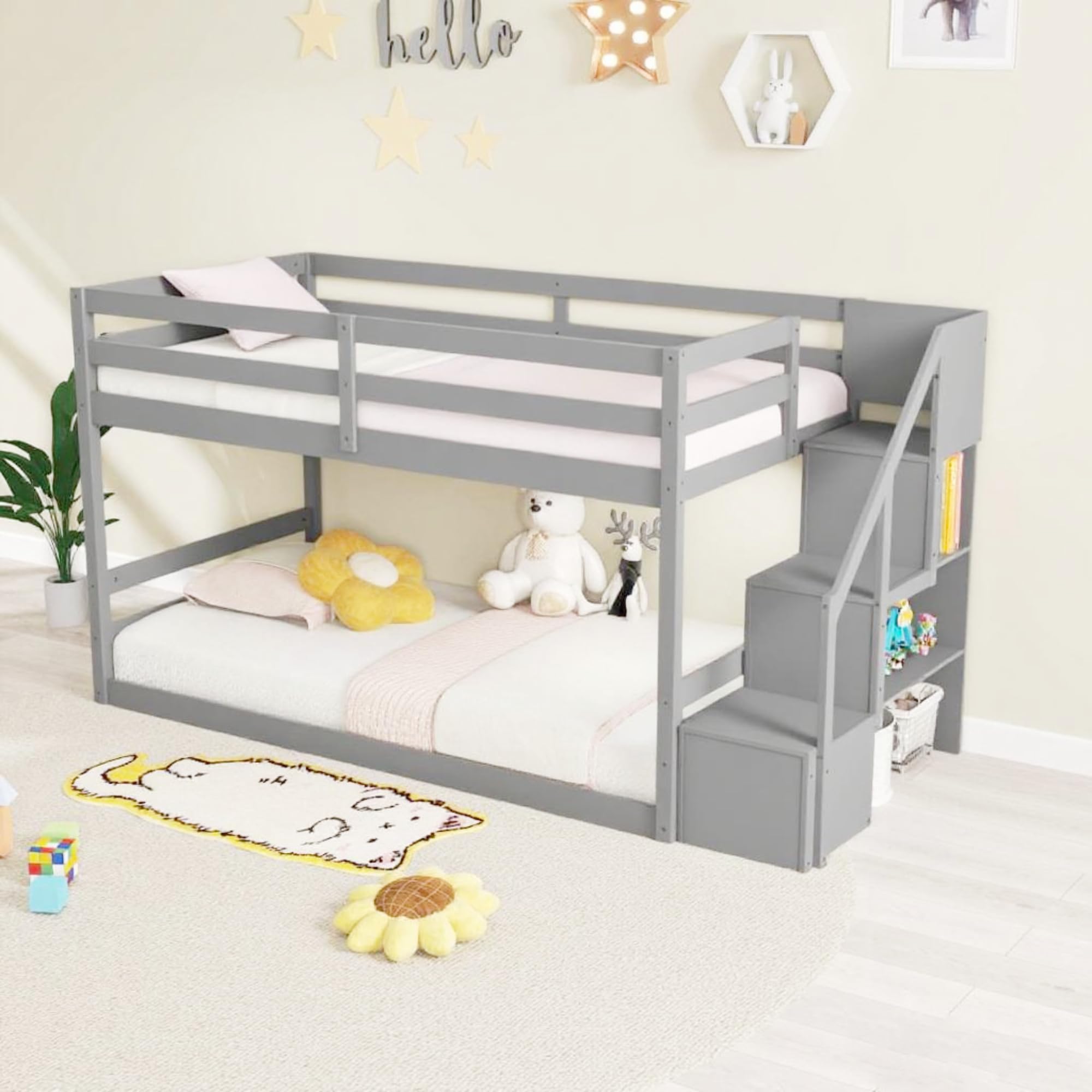 KOMFOTT Wood Twin Over Twin Low Bunk Bed with Storage Staircase