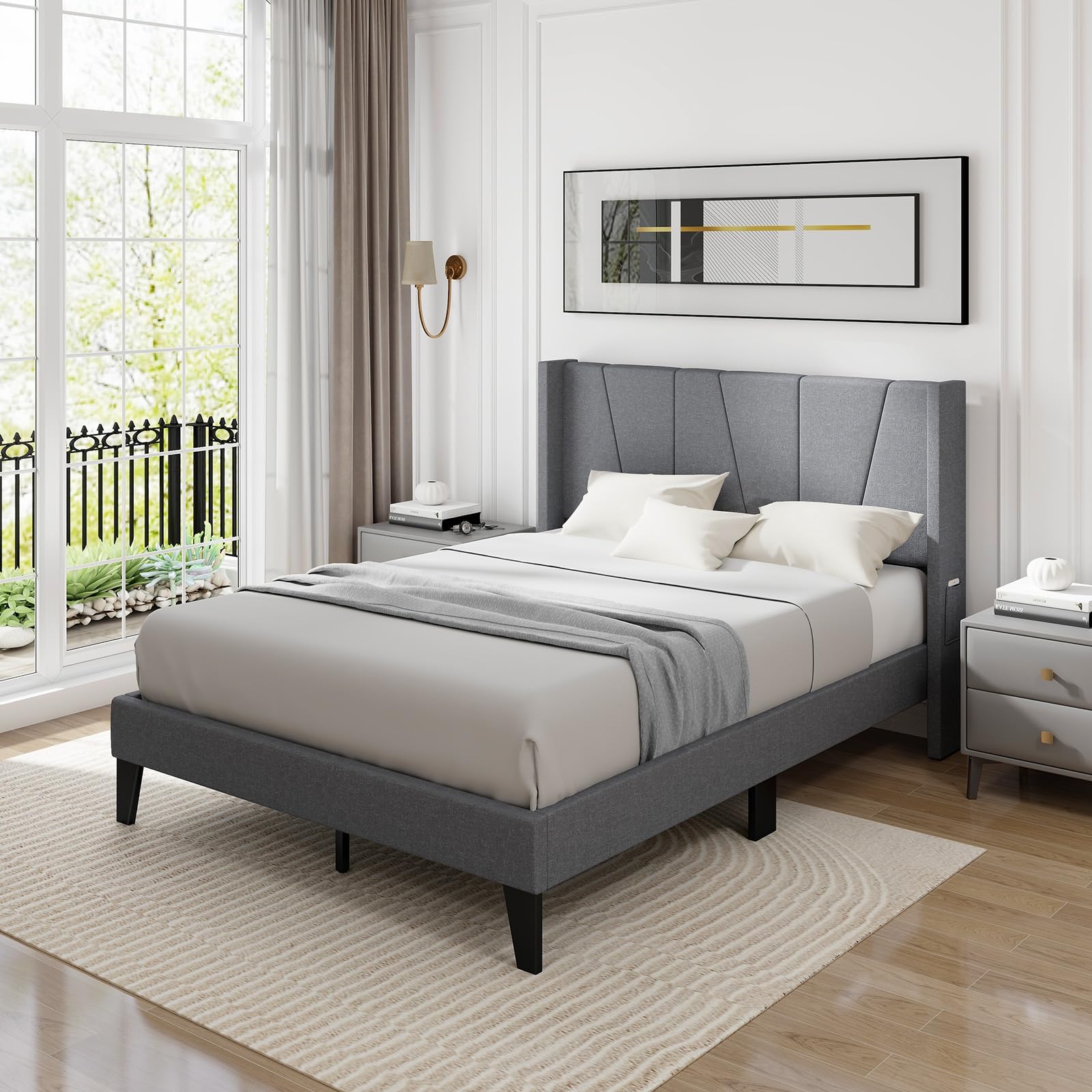 KOMFOTT Upholstered Bed Frame with Wingback Headboard