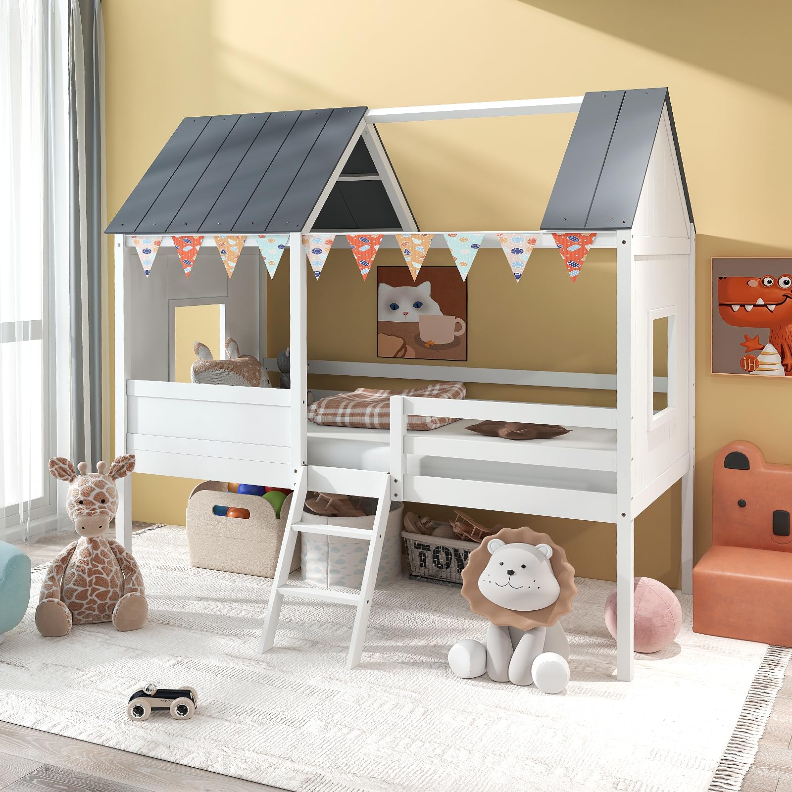 KOMFOTT Twin House Bed Wood Kid’s Low Loft Bed Frame