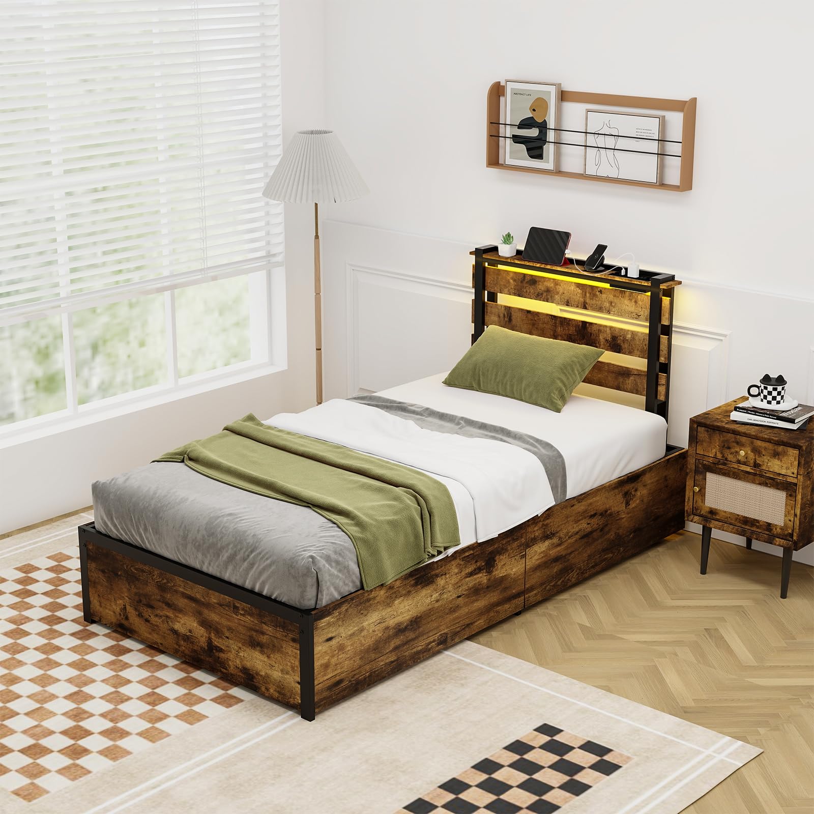 KOMFOTT Industrial Bed Frame with 4 Drawers & LED Lights Headboard