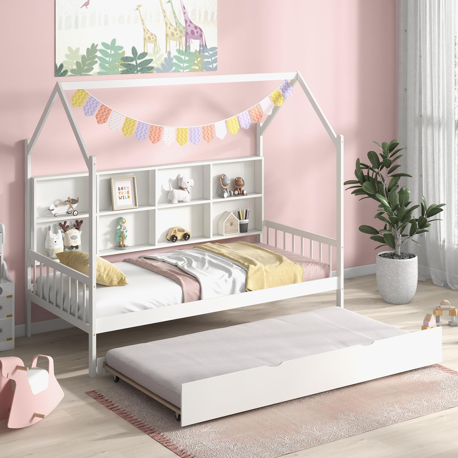 KOMFOTT Wood Twin House Bed with Trundle（White）