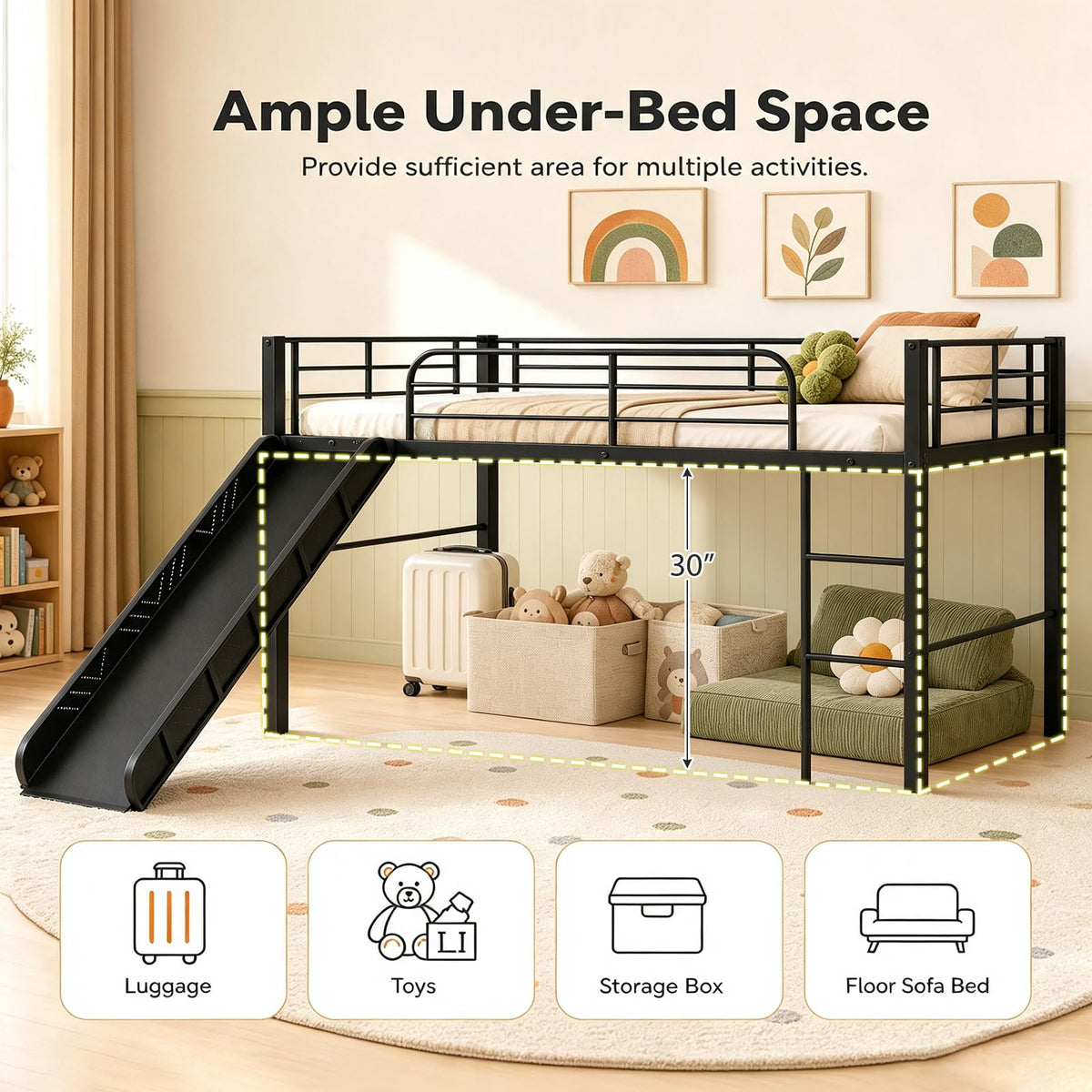 KOMFOTT Twin Size Low Loft Bed Metal Bed Frame with 30" H Under-Bed Space(with Slide)