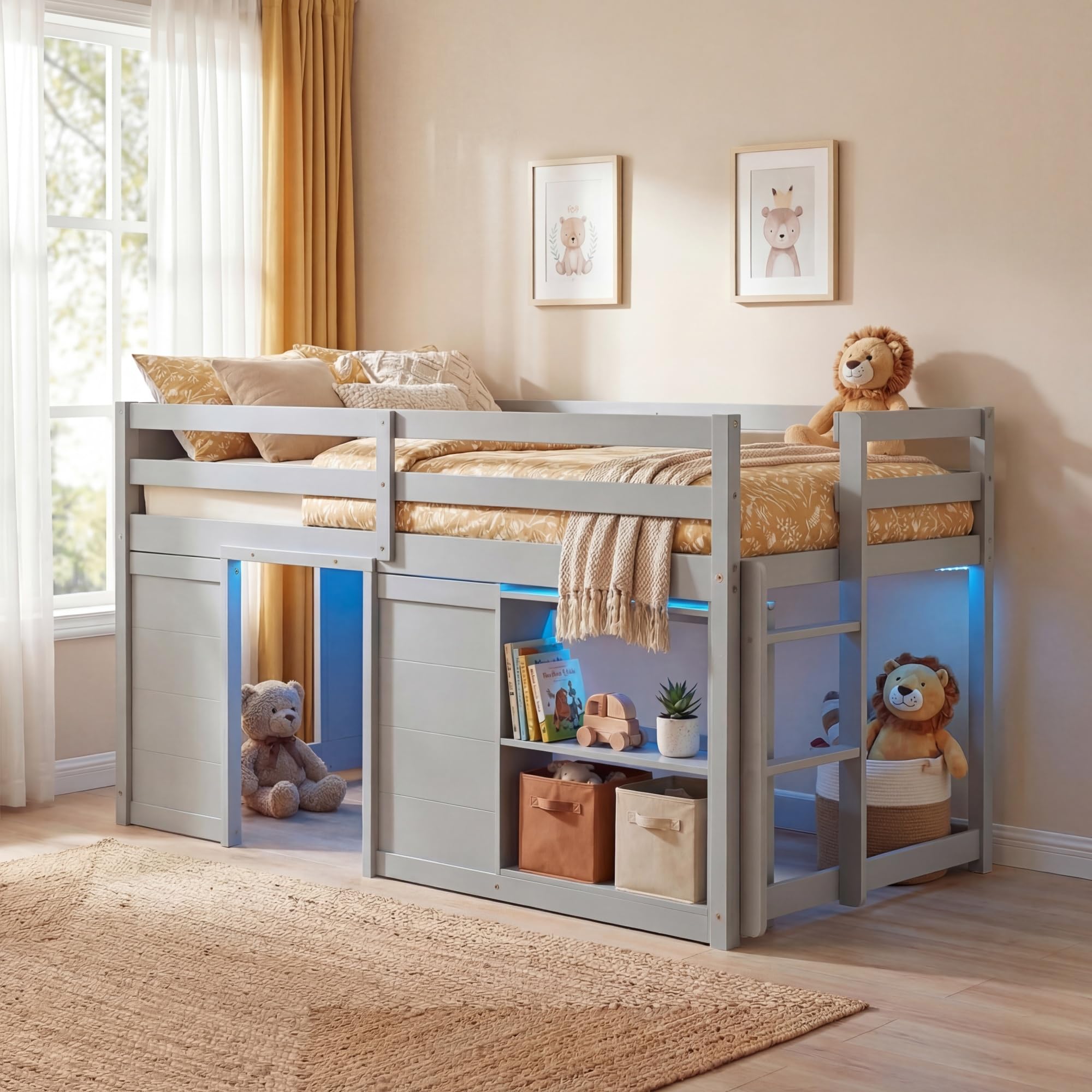 KOMFOTT Twin Low Loft Bed with LED Lights & 2 Doors, Under-Bed Play Space & Storage Bookcase