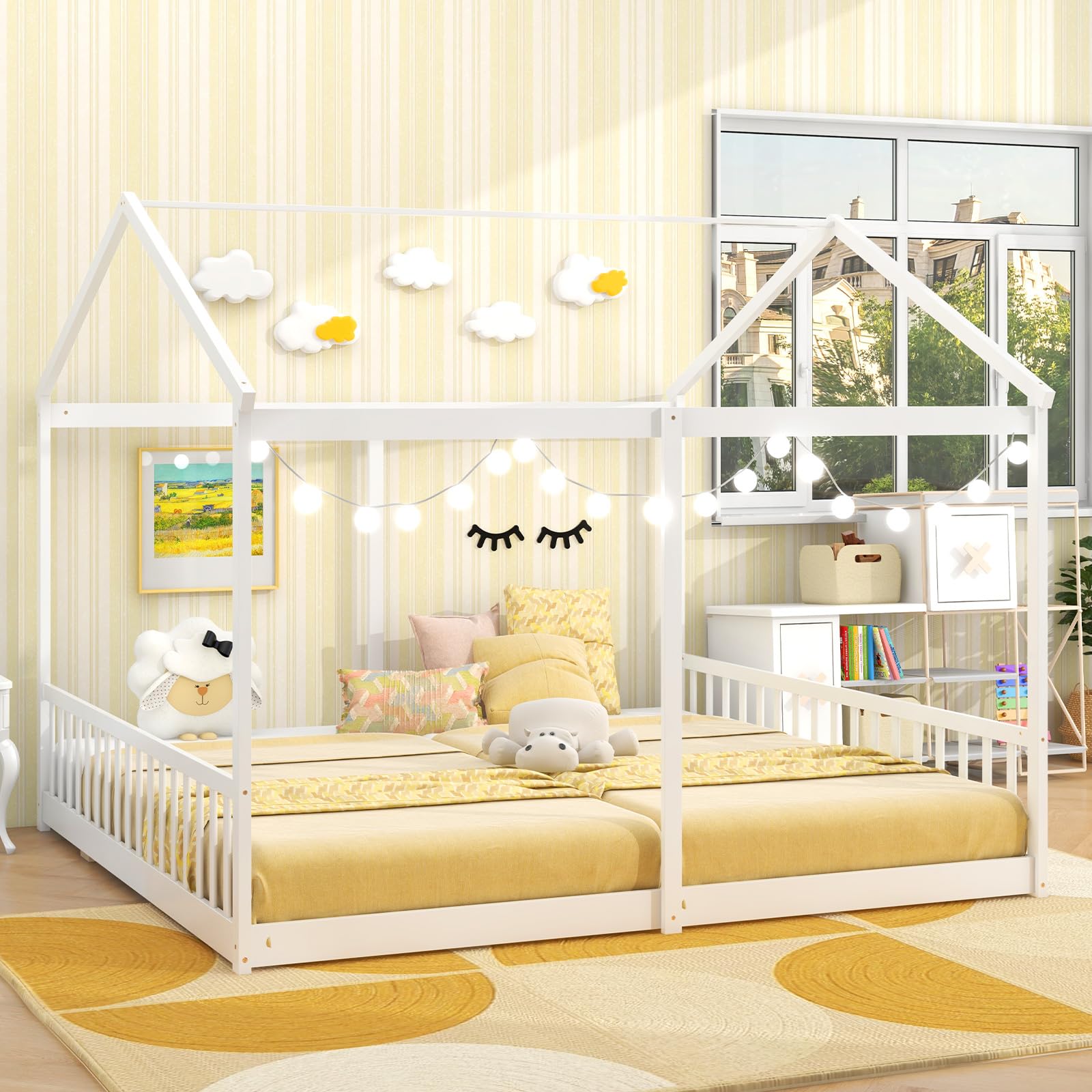 KOMFOTT Double Twin Floor Beds for Kids, Wood Twin Size House Beds w