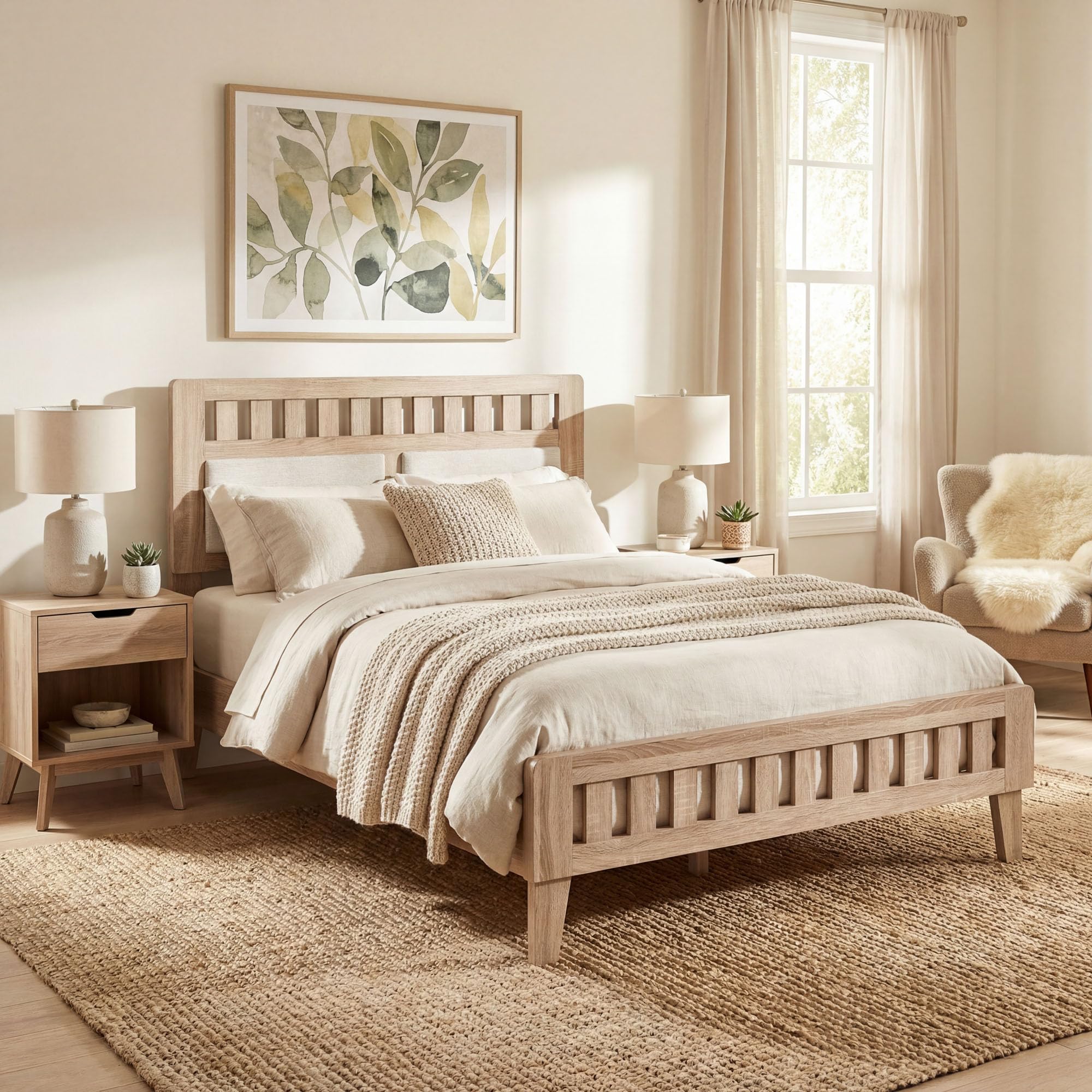 KOMFOTT Full/Twin/Queen Wood Bed Frame with Upholstered Headboard