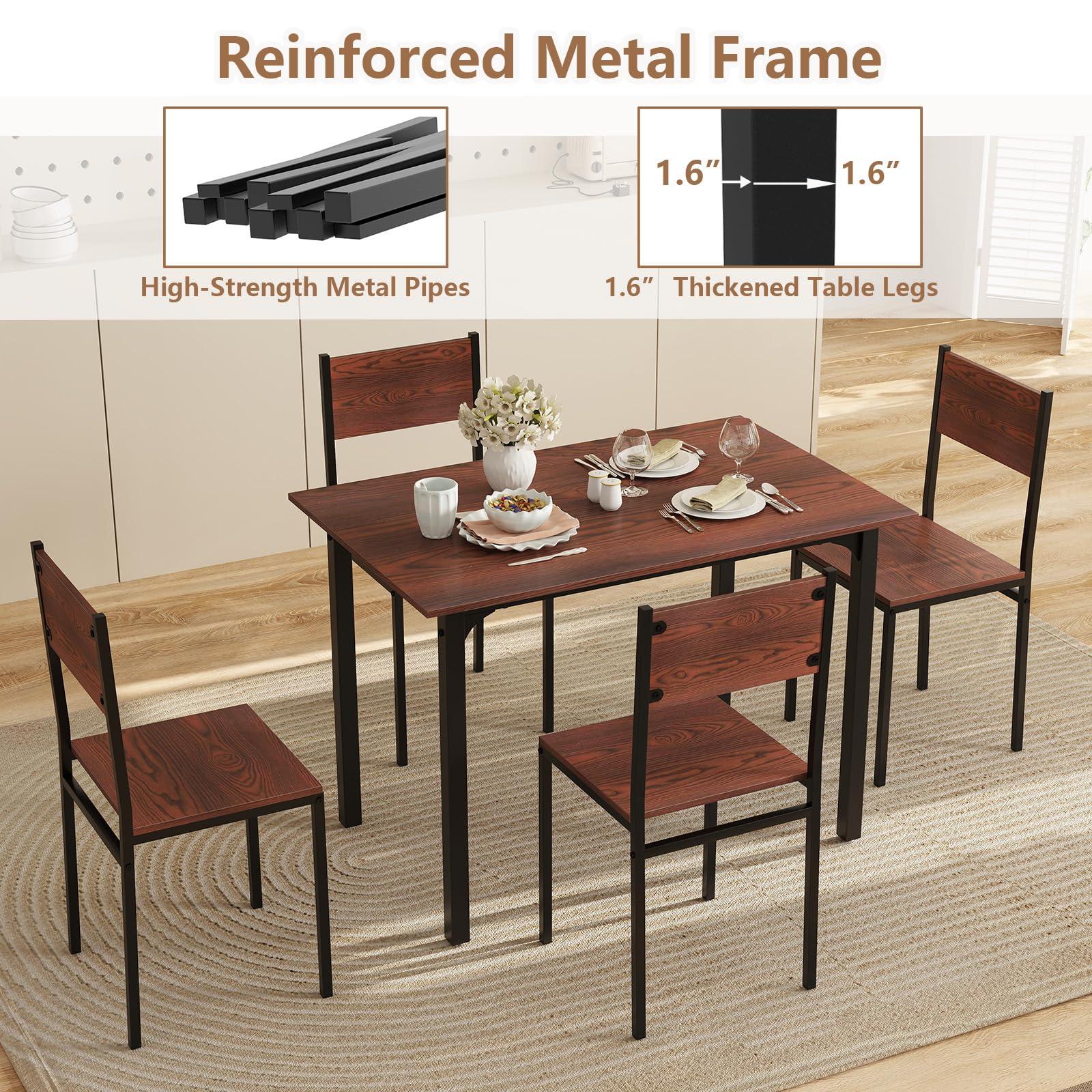 KOMFOTT 5-Piece Dining Table Set, Industrial Kitchen Table and Chairs for 4 with Backrest and Metal Frame
