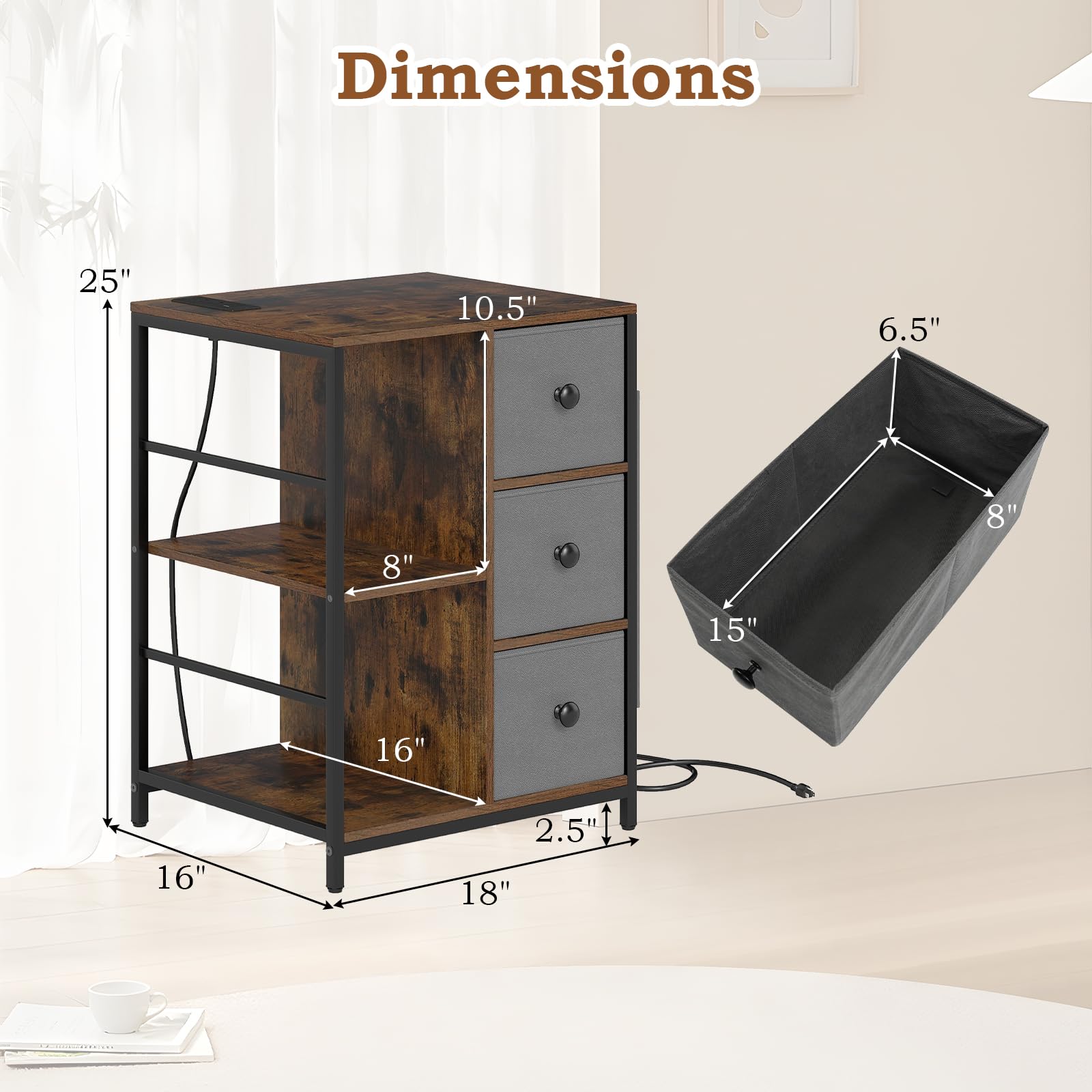 KOMFOTT 3-Tier Nightstand with Charging Station