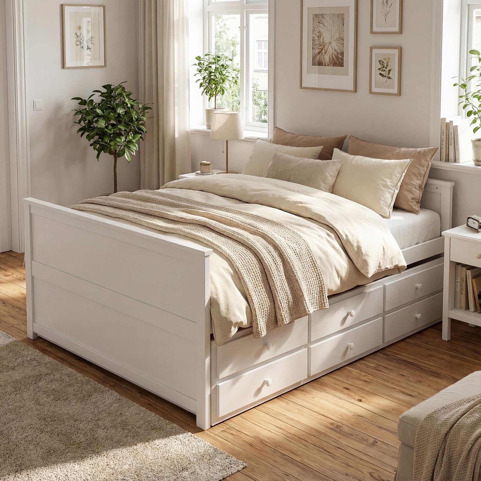 KOMFOTT Wood Full Trundle Bed with 3 Storage Drawers