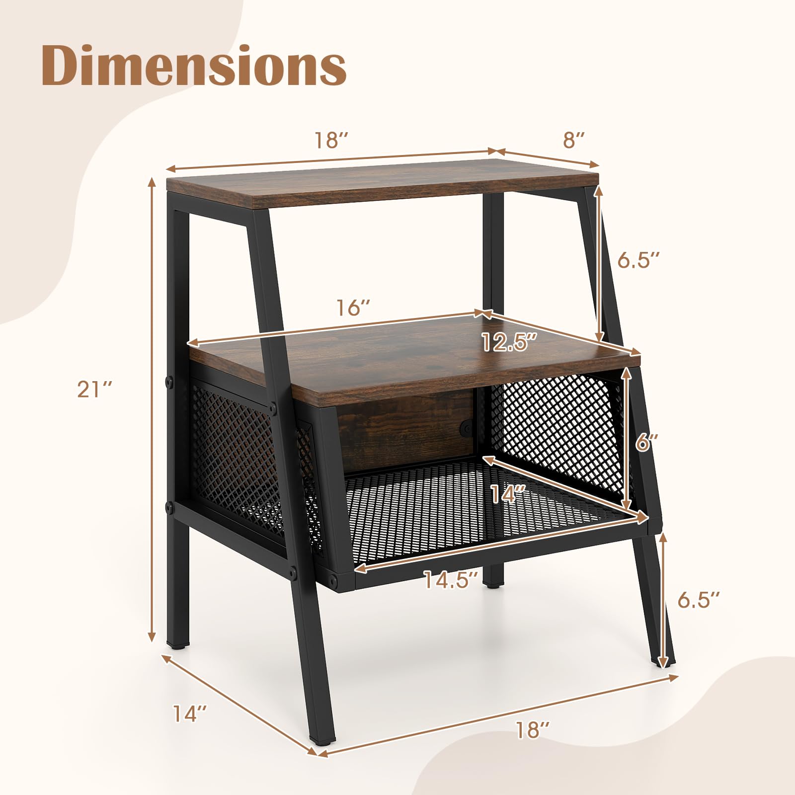 KOMFOTT Industrial Nightstand 3-Tier End Table
