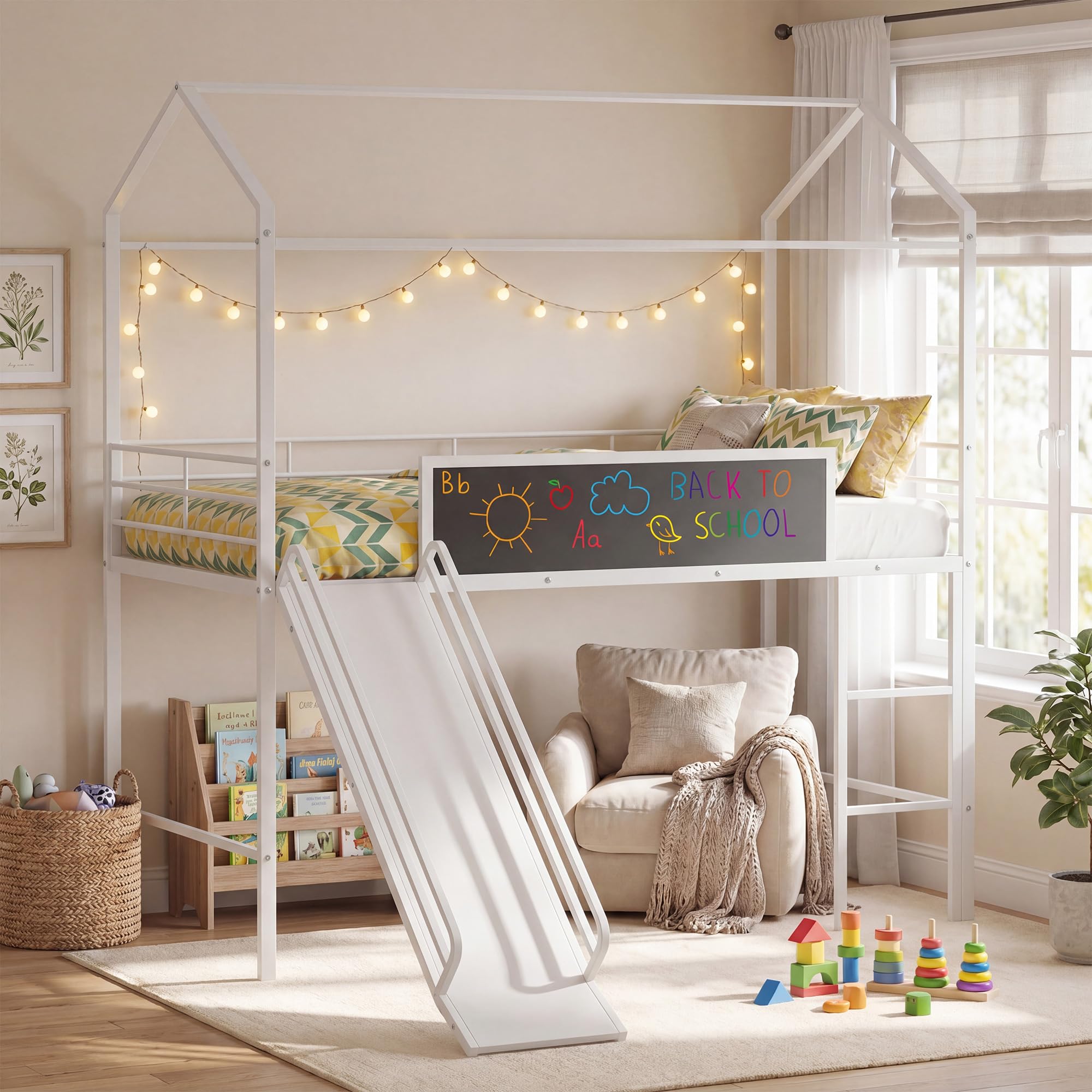 KOMFOTT Twin House Loft Bed for Kids House-Shaped Bed Frame Featuring Chalkboard