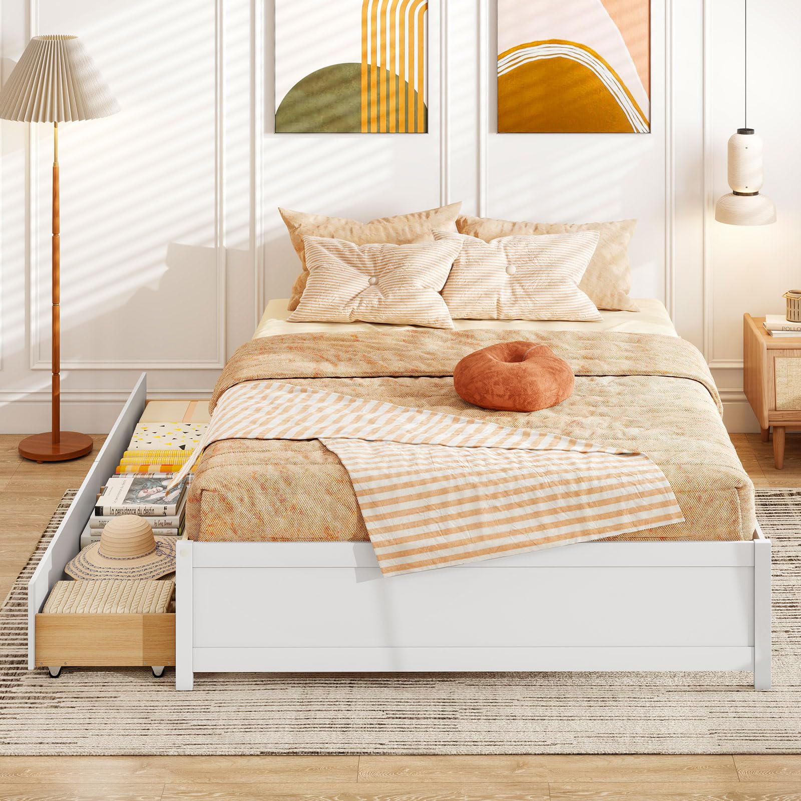 KOMFOTT Bed Frame with 2 Storage Drawers, Solid Wood Platform Bed with Slats Support