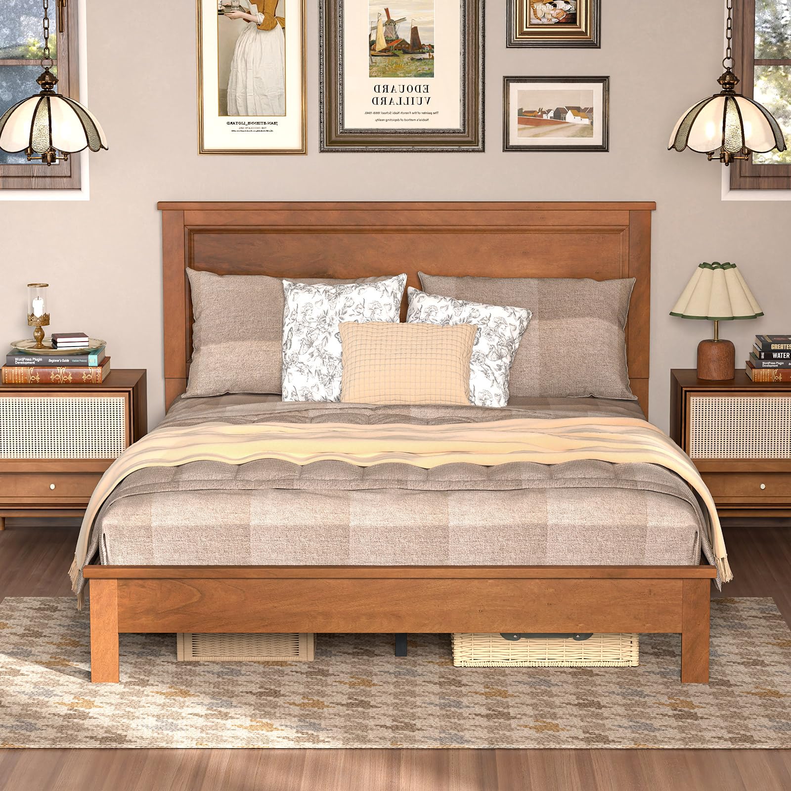 KOMFOTT Mid-Century Modern Platform Bed with Headboard, Solid Wood Legs