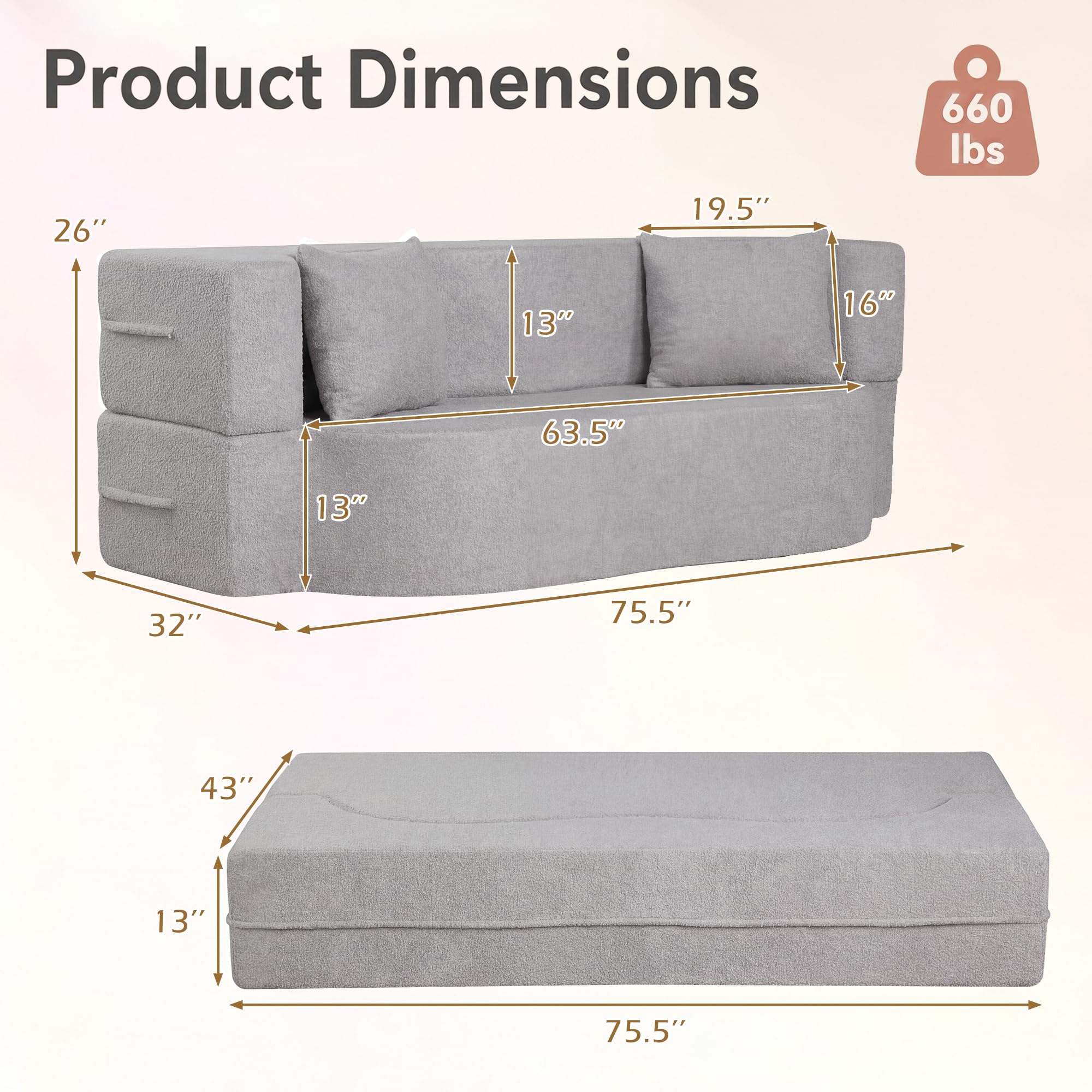 KOMFOTT 2-in-1 Folding Sofa Bed Convertible Loveseat Sofa in Teddy Fleece
