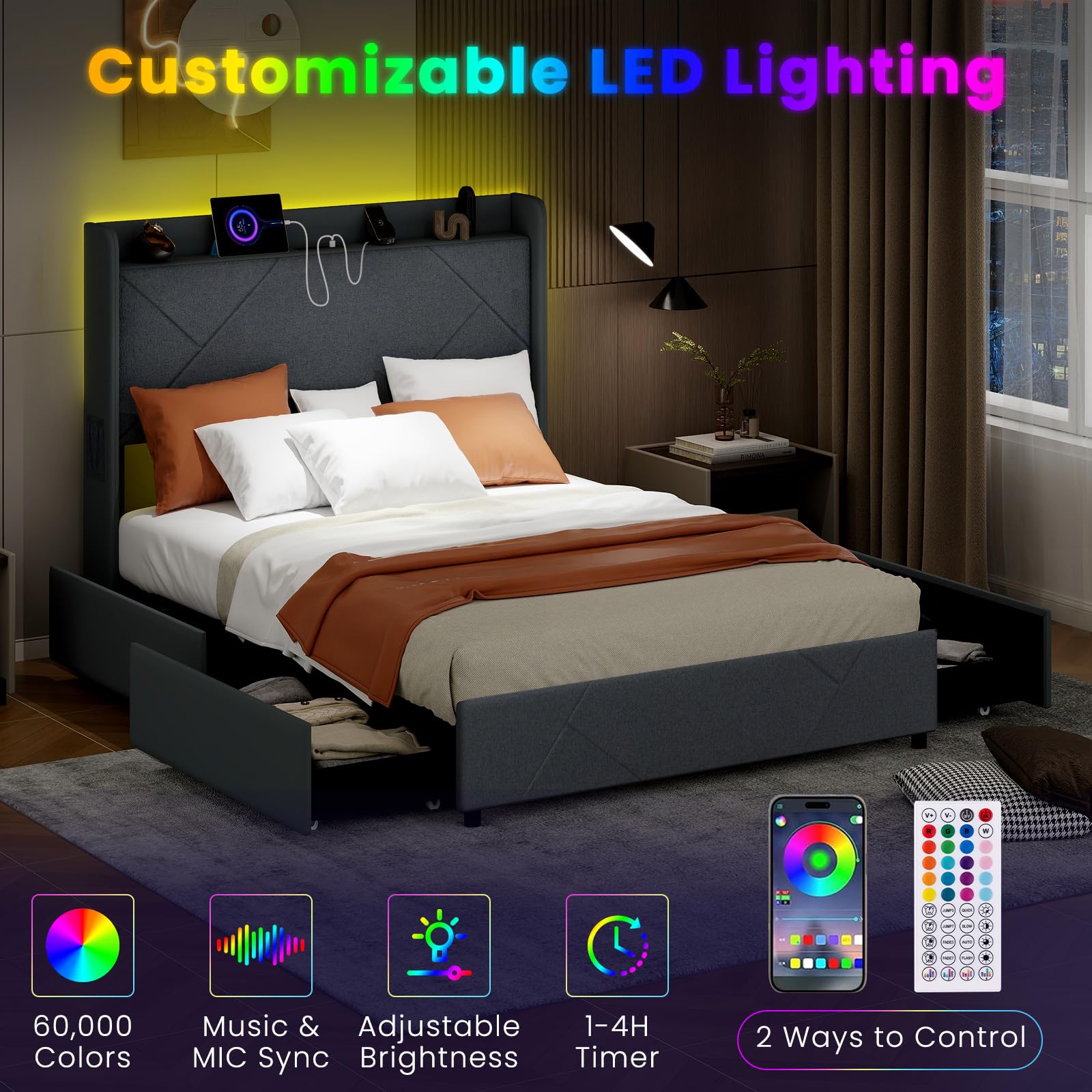 KOMFOTT Upholstered Bed Frame with 4 Storage Drawers & LED Lights, Wingback Headboard & Charging Station