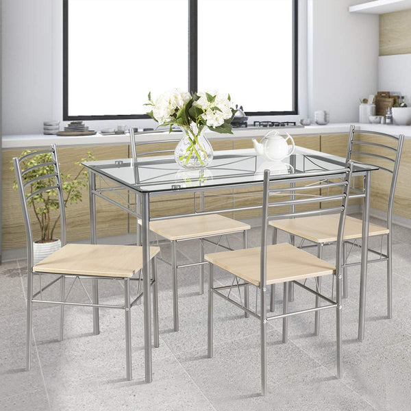5 Piece Dining Table Set, Kitchen Dining Set with Tempered Glass Table Top and 4 Chairs