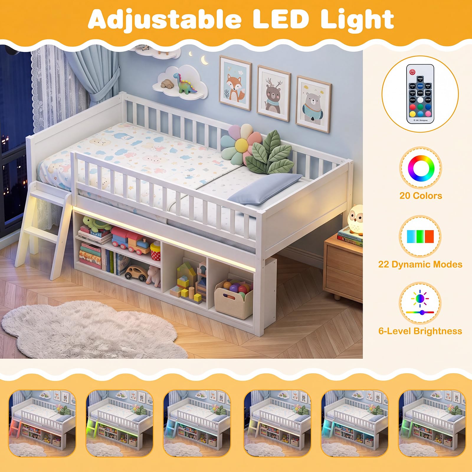 KOMFOTT Twin Size Low Loft Bed with LED Lights & Storage Bookcase(without Chalkboard)