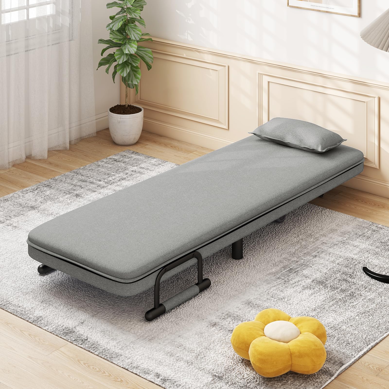 KOMFOTT Convertible Chair Bed with 5-Position Adjustable Backrest & Lumbar Pillow, 2 Hidden Metal Legs & 2 Lockable Casters