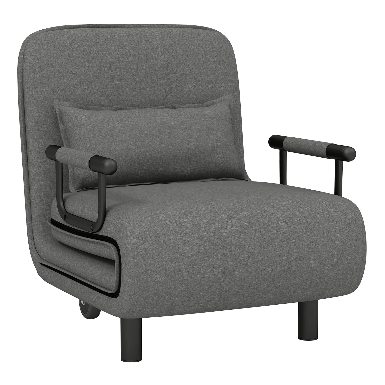 KOMFOTT Convertible Chair Bed with 5-Position Adjustable Backrest & Lumbar Pillow, 2 Hidden Metal Legs & 2 Lockable Casters