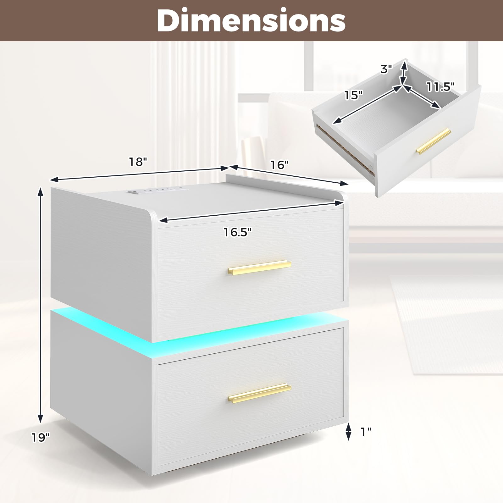 KOMFOTT Nightstand with Charging Station Set of 1/2 LED Bedside Table