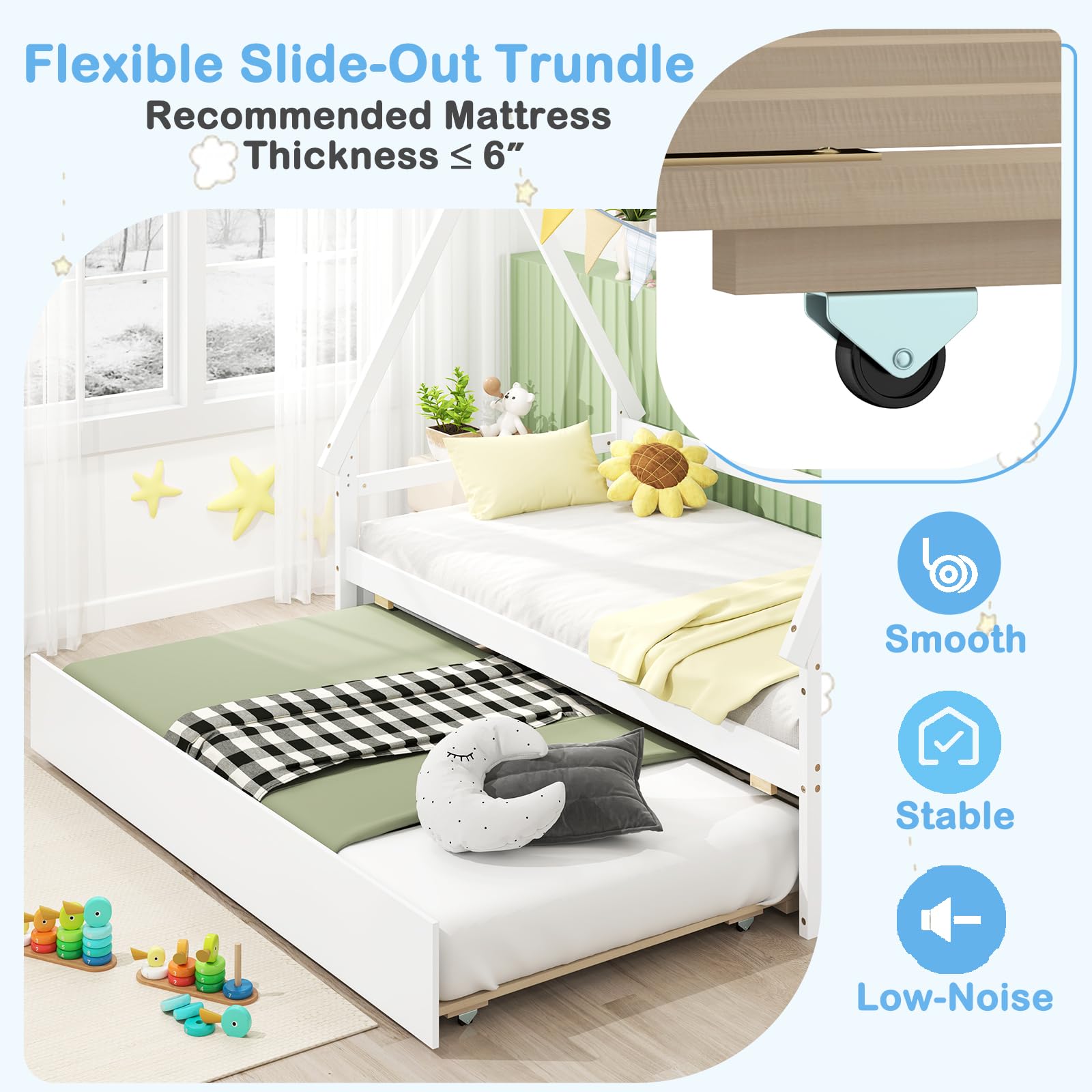KOMFOTT Twin Size Wood House Bed with Trundle