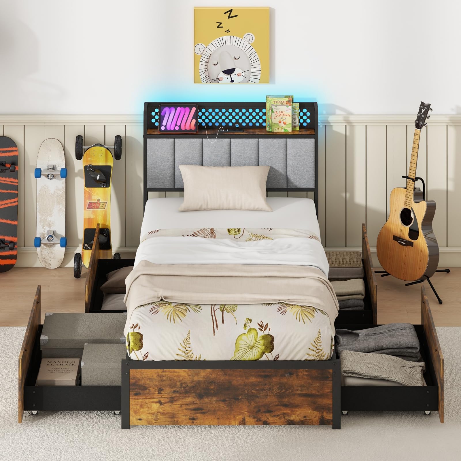 KOMFOTT Industrial LED Bed Frame with 4 Storage Drawers & Charging Station