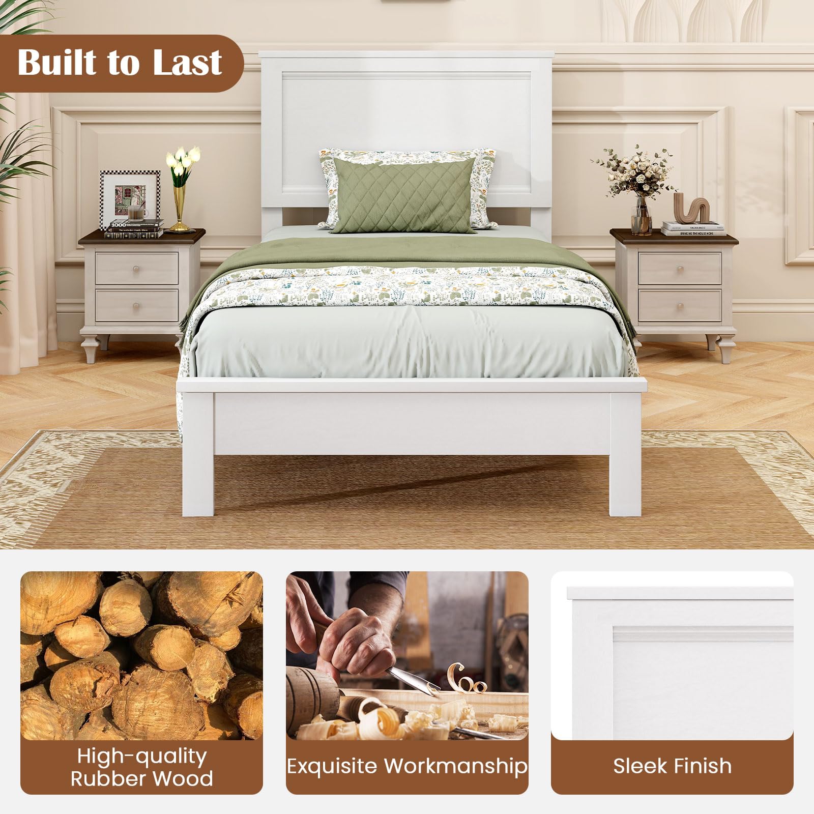 KOMFOTT Mid-Century Modern Platform Bed with Headboard, Solid Wood Legs