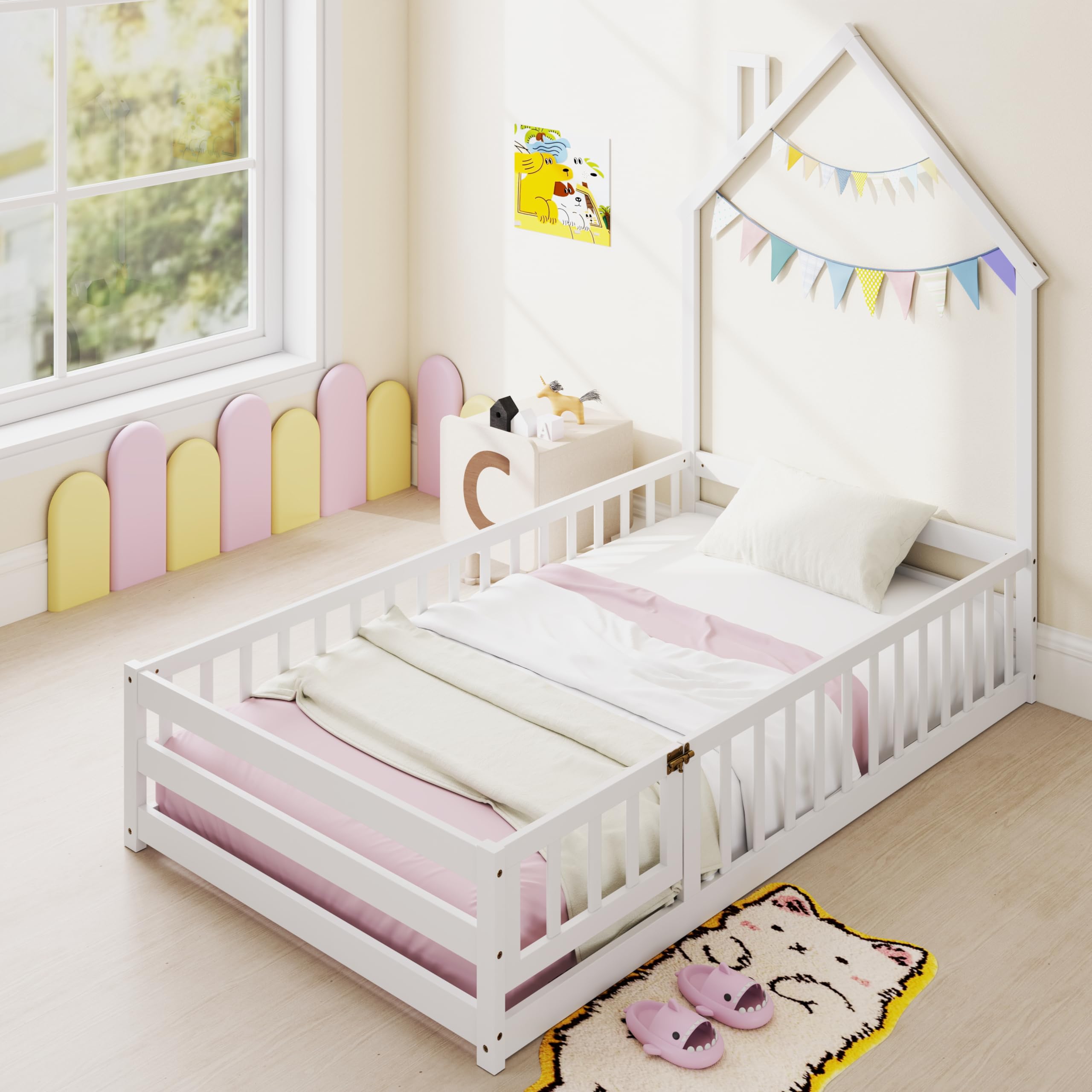 KOMFOTT Twin Size Wood Floor Bed with Door & Fence