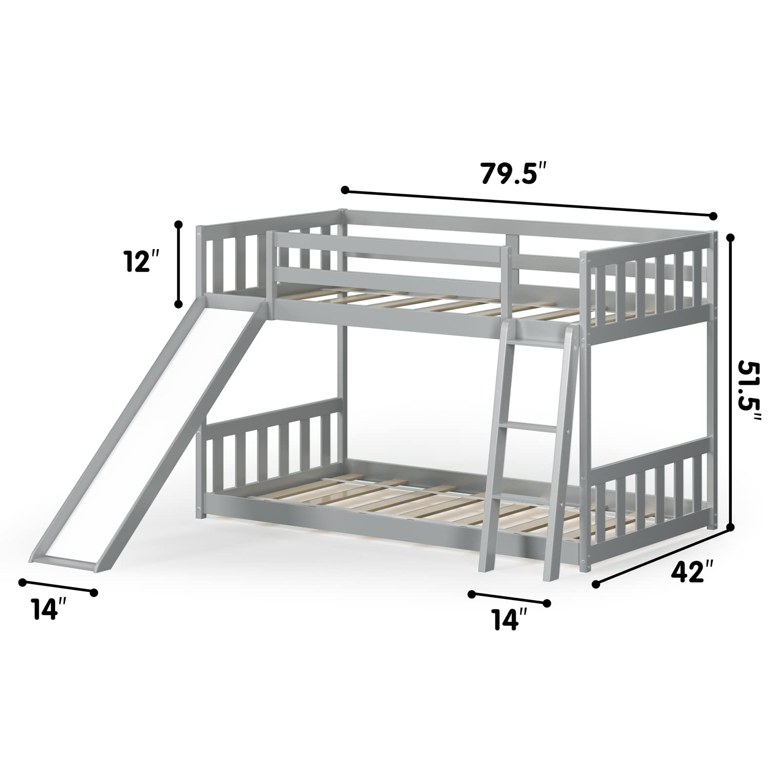 KOMFOTT Wood Bunk Bed Twin Over Twin Bunk Bed Frame w/Convertible Slide