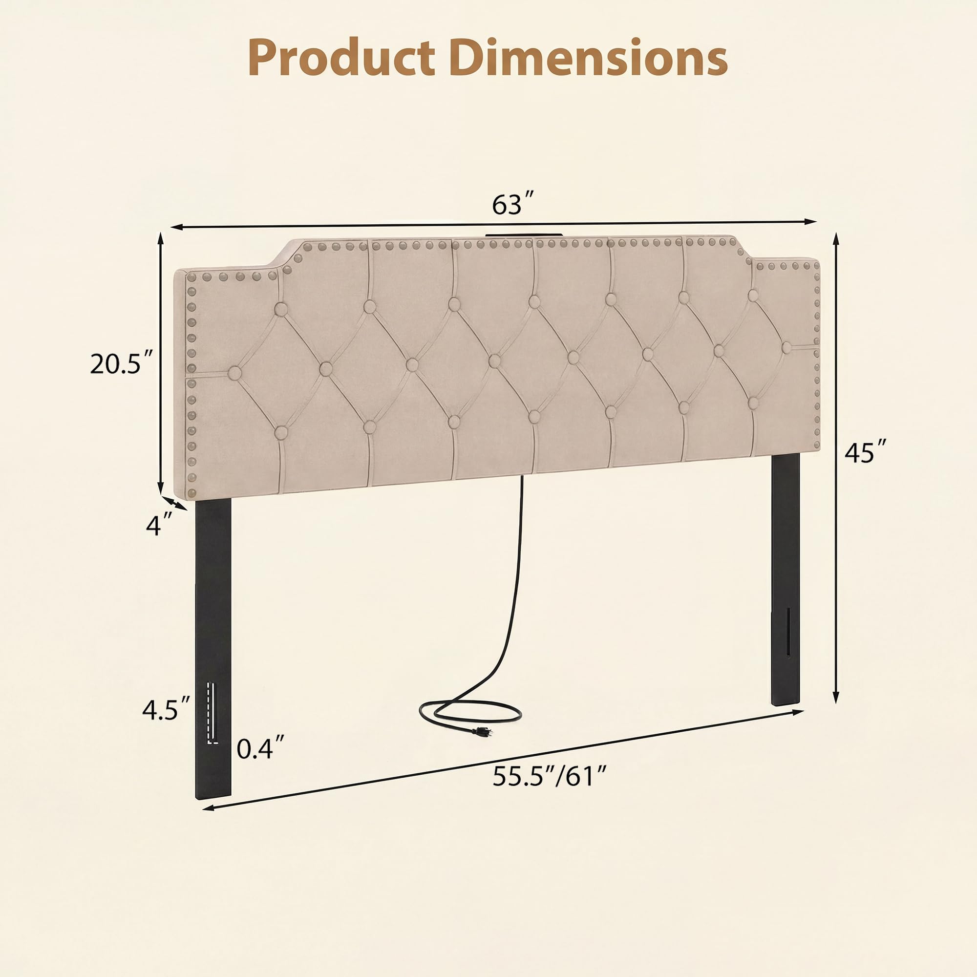 KOMFOTT Riveted Upholstered Headboard with Charging Station for Full & Queen Size Bed Frame