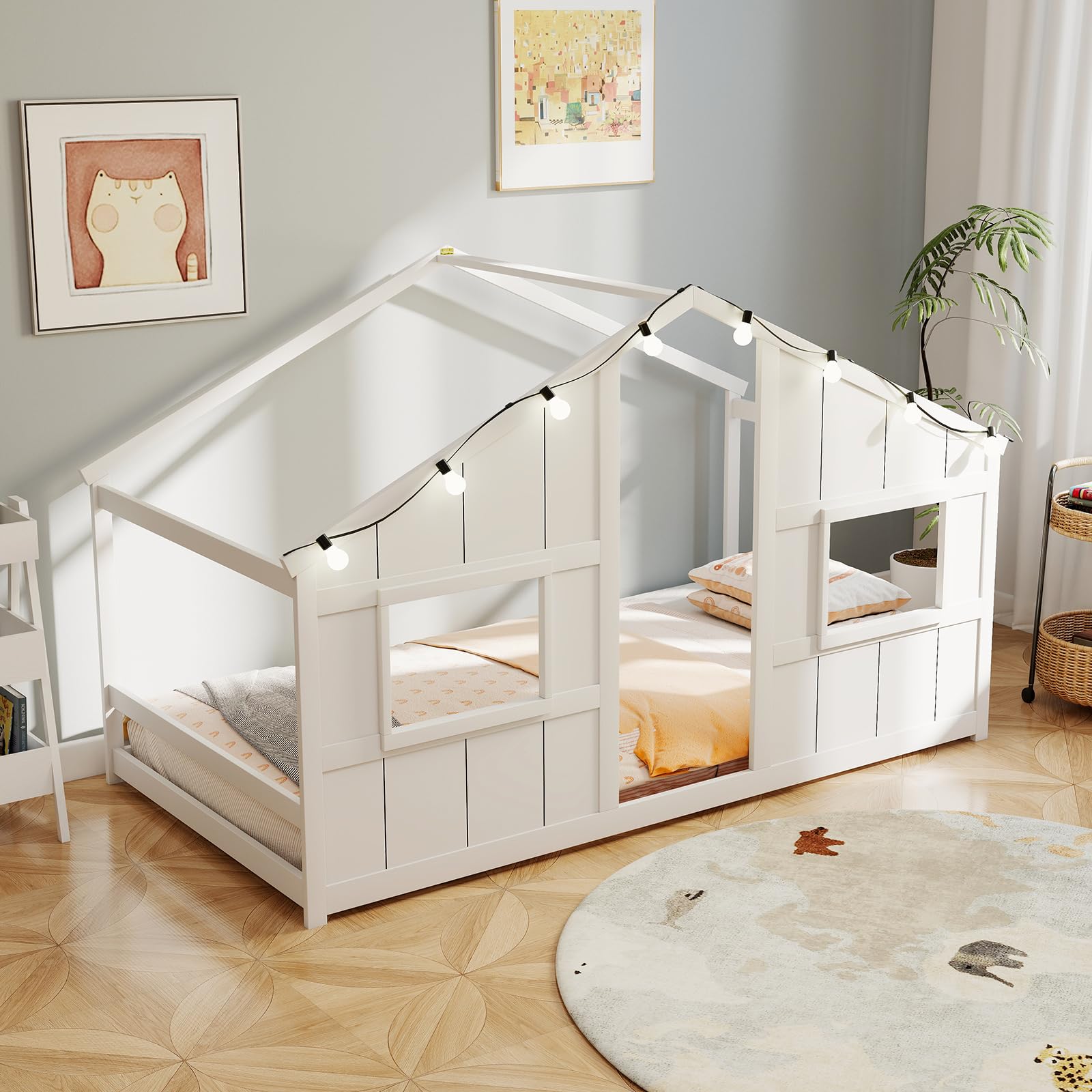 KOMFOTT Twin Floor House Bed with LED Lights