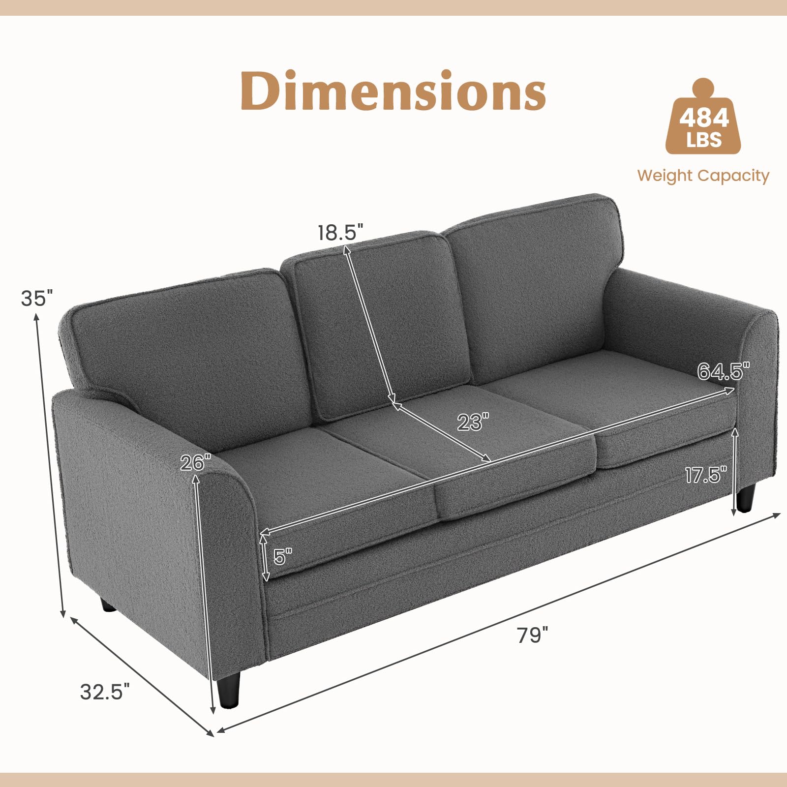 KOMFOTT 79” Sofa Couch 3 Seater Couches with Deep Seat