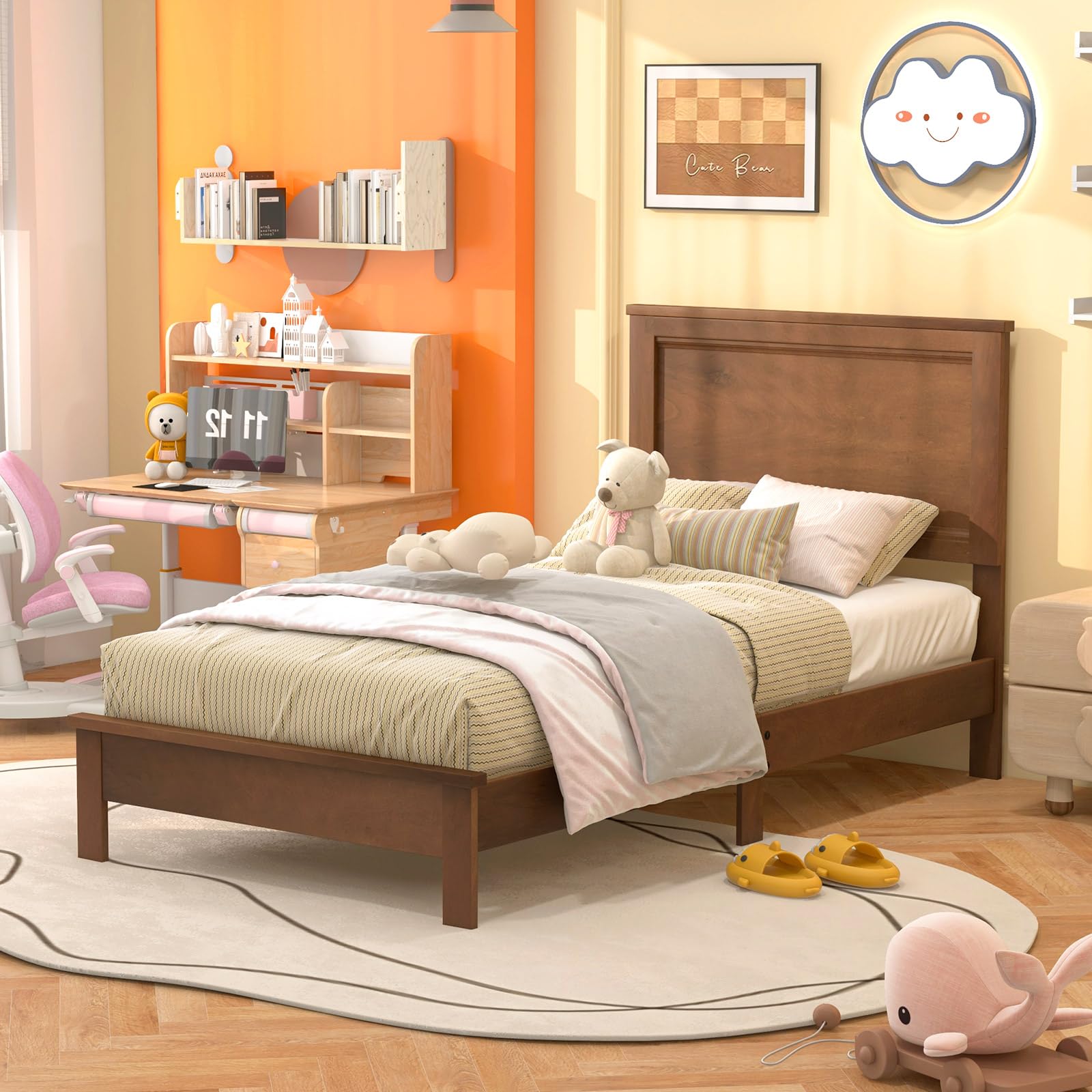 KOMFOTT Mid-Century Modern Platform Bed with Headboard, Solid Wood Legs