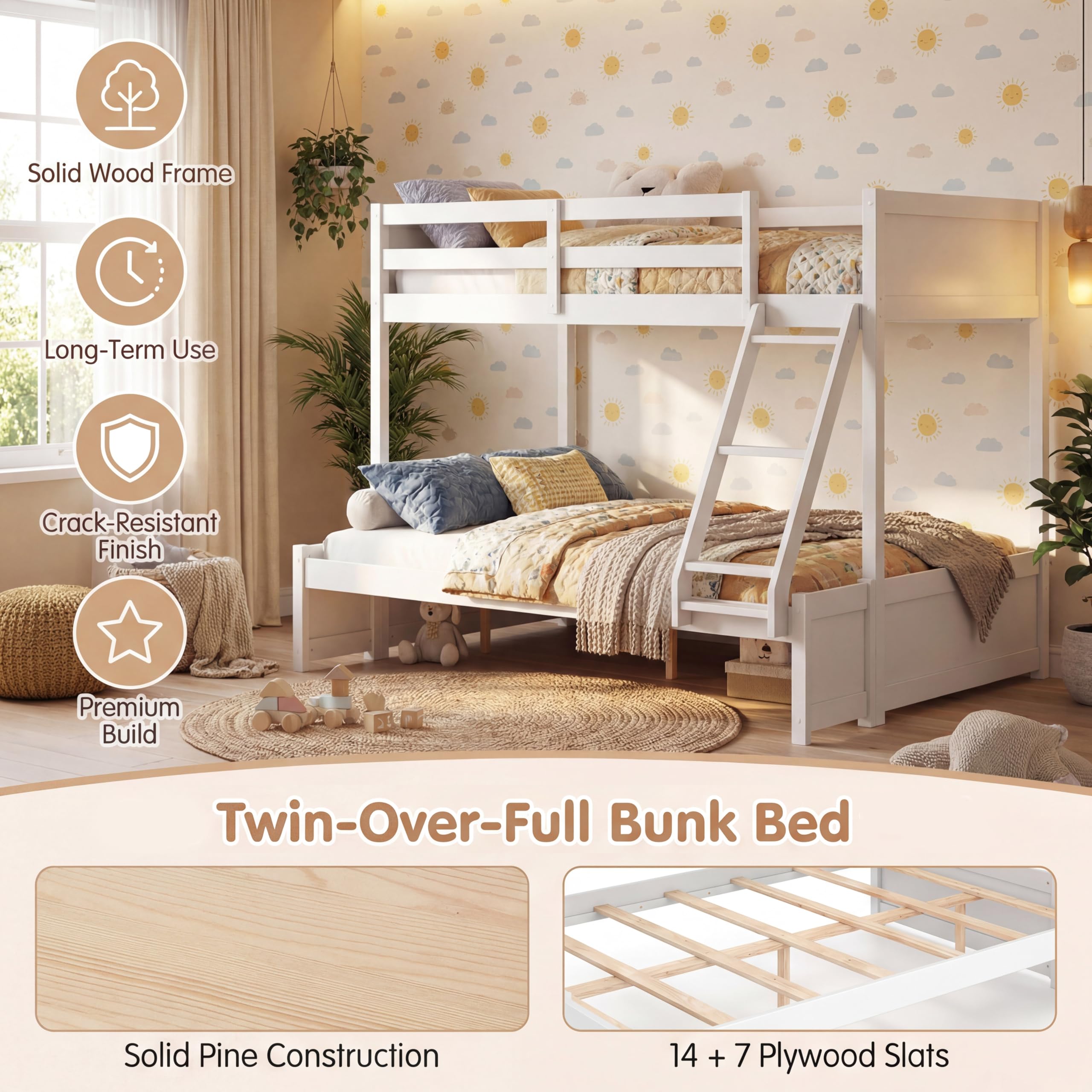 KOMFOTT Twin Over Full Bunk Bed with Full-Length Guardrails