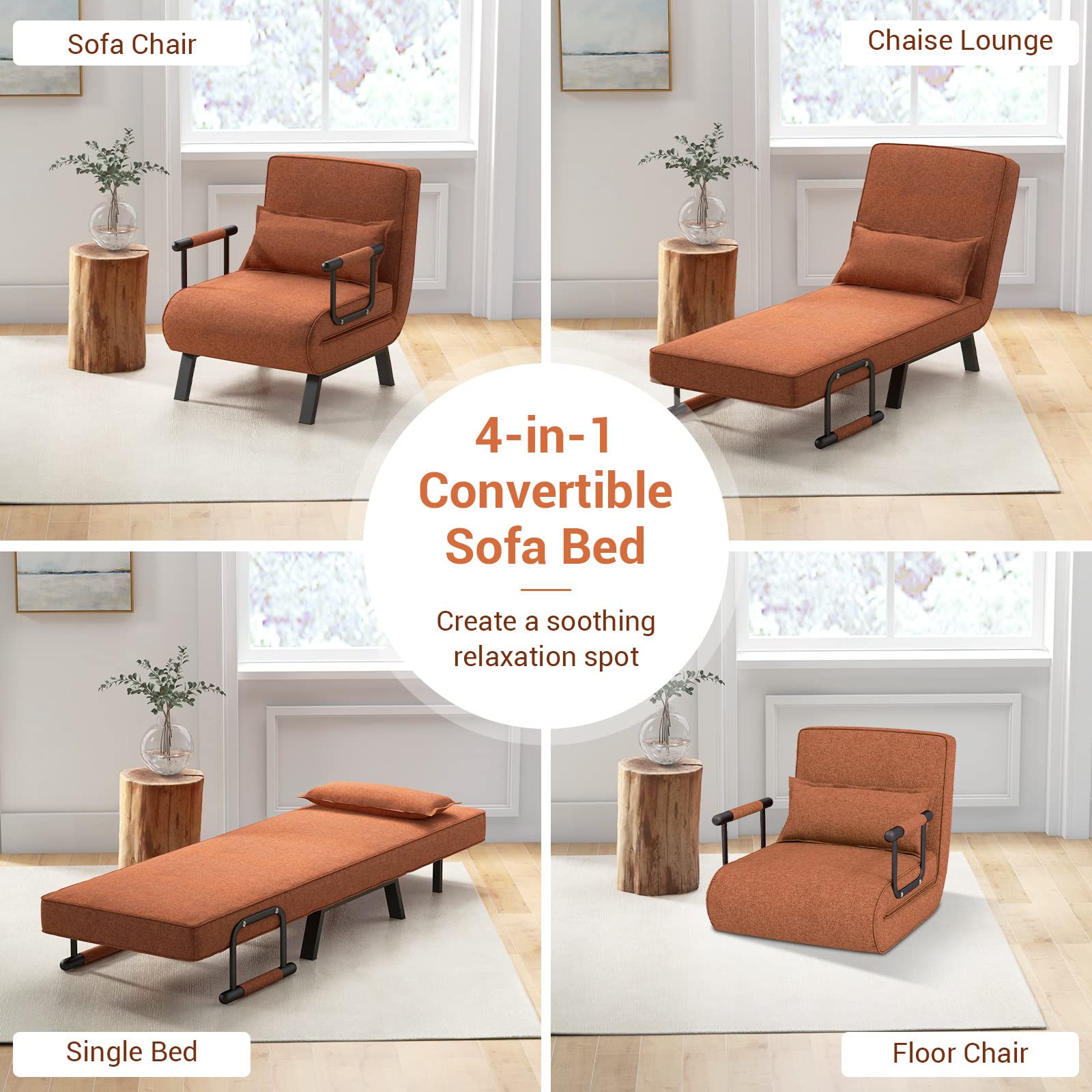 KOMFOTT Convertible Upholstered Sleeper Chair Bed with Pillow, 4-in-1 Folding Sofa Bed with 6-Position Adjustable Backrest