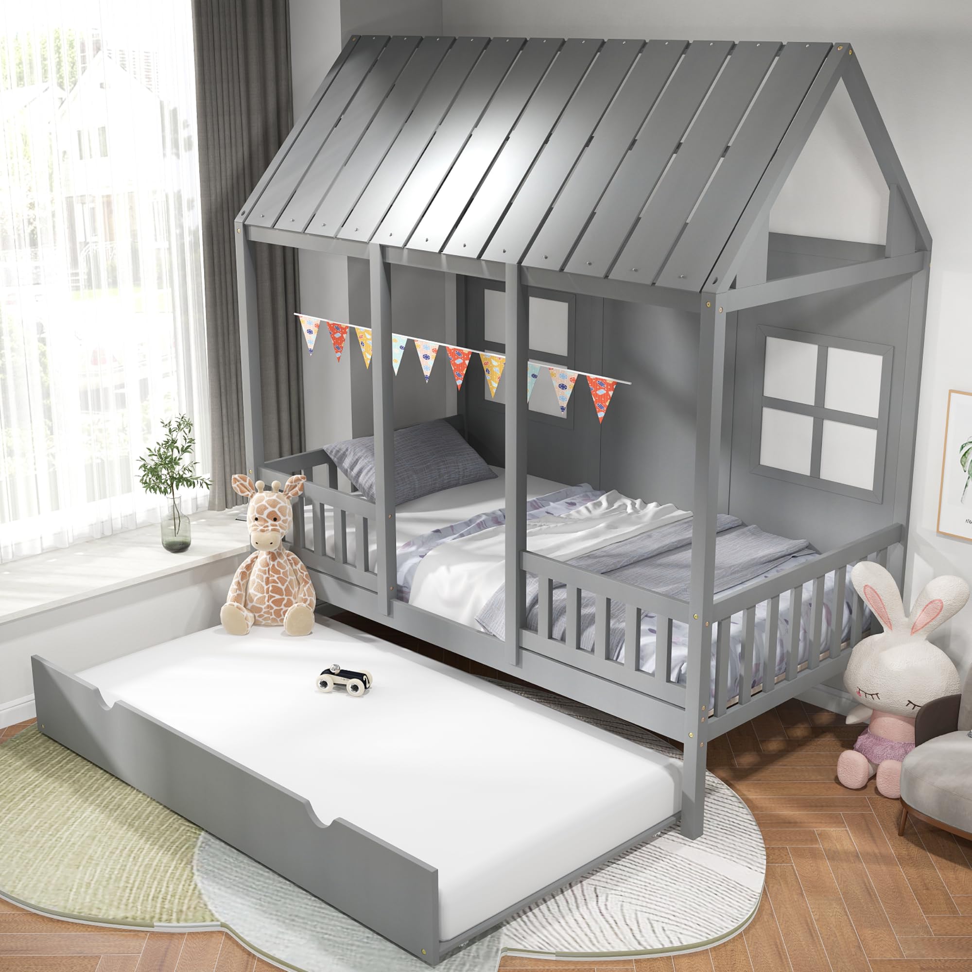 KOMFOTT Twin Size House Bed with Trundle Wood Kid’s House Bed Frame
